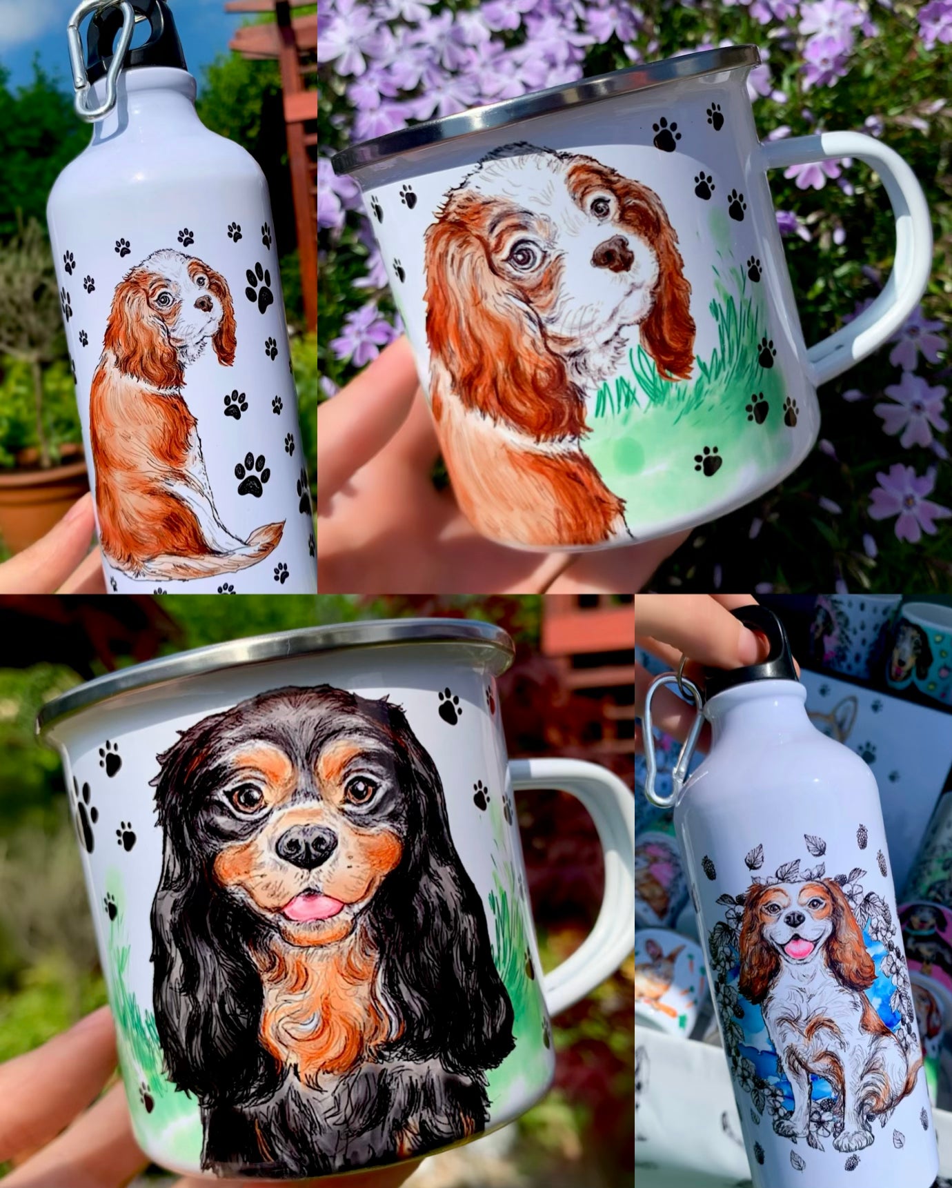 Prémium minőségű fém bögre, barna-fekete Cavalier spániel illusztrációval és természet inspirálta mancsnyomos mintával