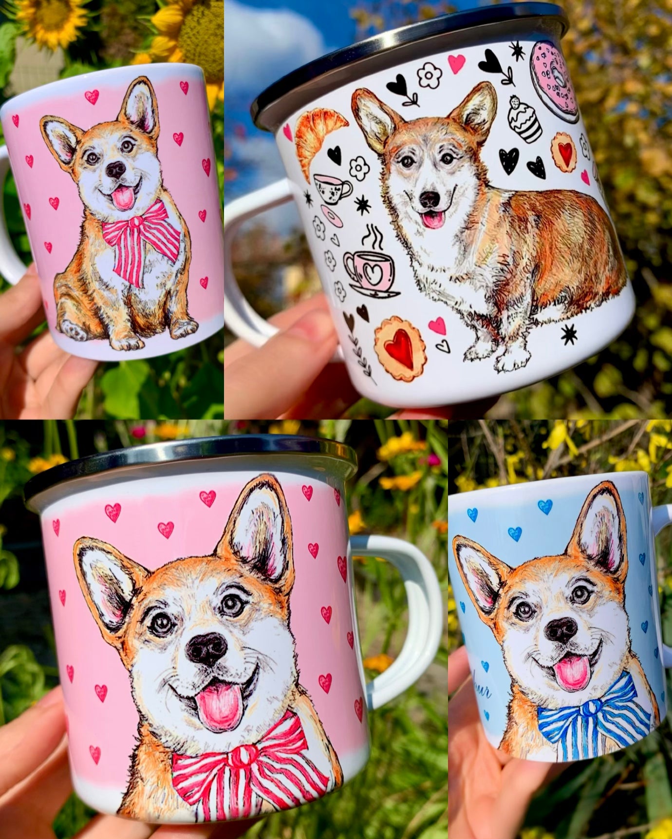 Corgi kutyás ajándékkollekció – kézzel festett mintás bögrék, kulacs és vászontáska világosbarna-fehér kutyával, rózsaszín szívekkel, fehér háttérrel.