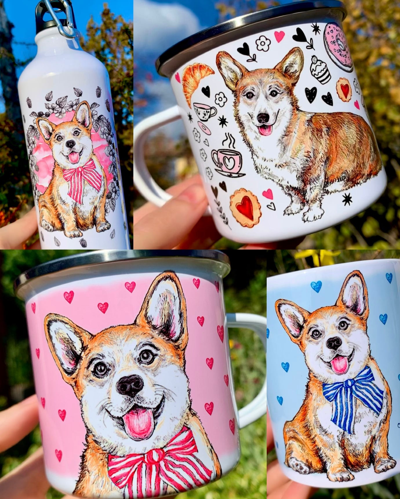 Corgi kutyás ajándékkollekció – kézzel festett mintás bögrék, kulacs és vászontáska világosbarna-fehér kutyával, rózsaszín szívekkel, fehér háttérrel.