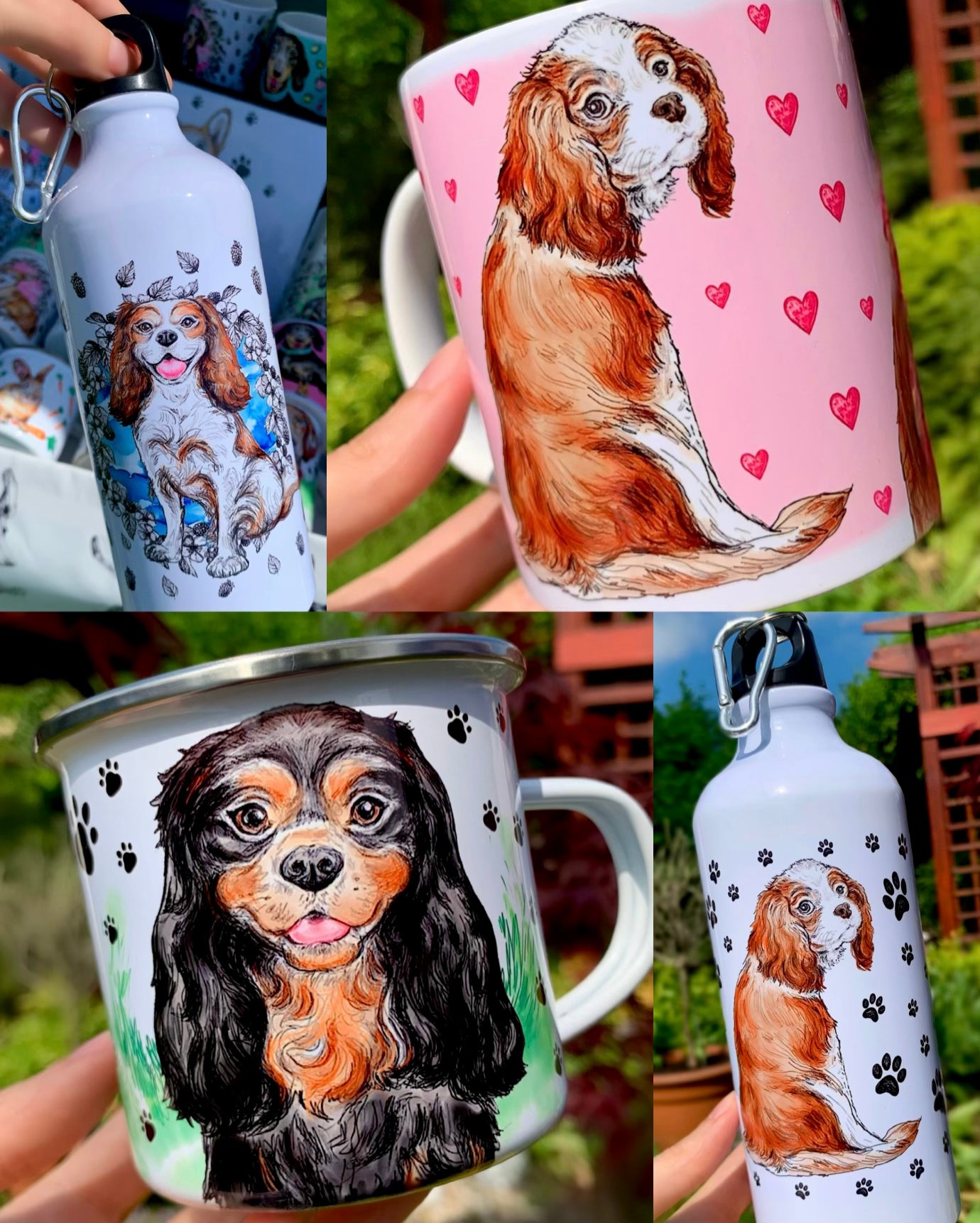 Cavalier spániel kollekció – kézzel festett kutyás bögrék, vászontáskák, kulacsok többféle cavi mintával