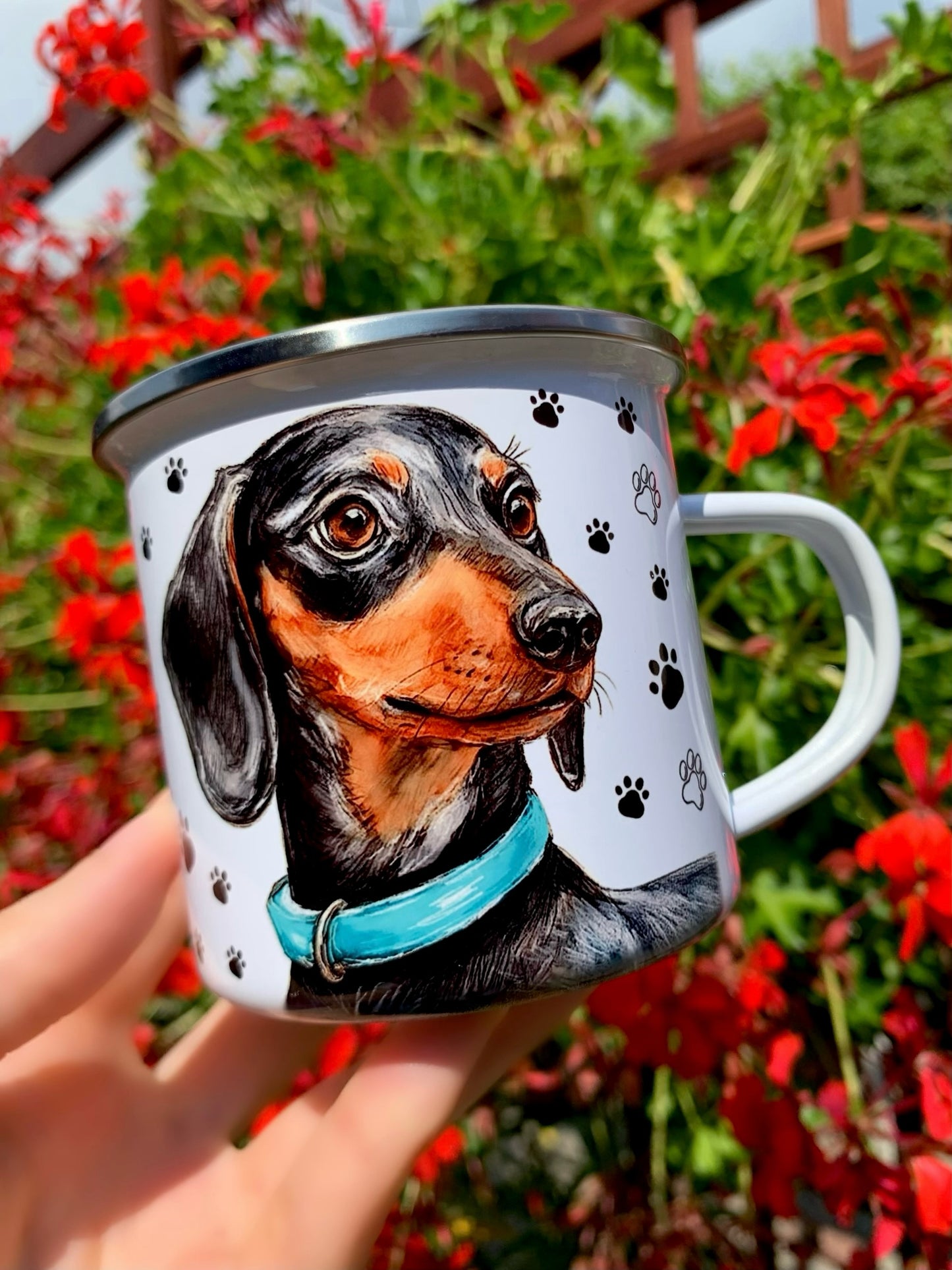 Tacskós fém bögre - Kézzel festett Cser Tacskó mentazöld nyakörv mintával