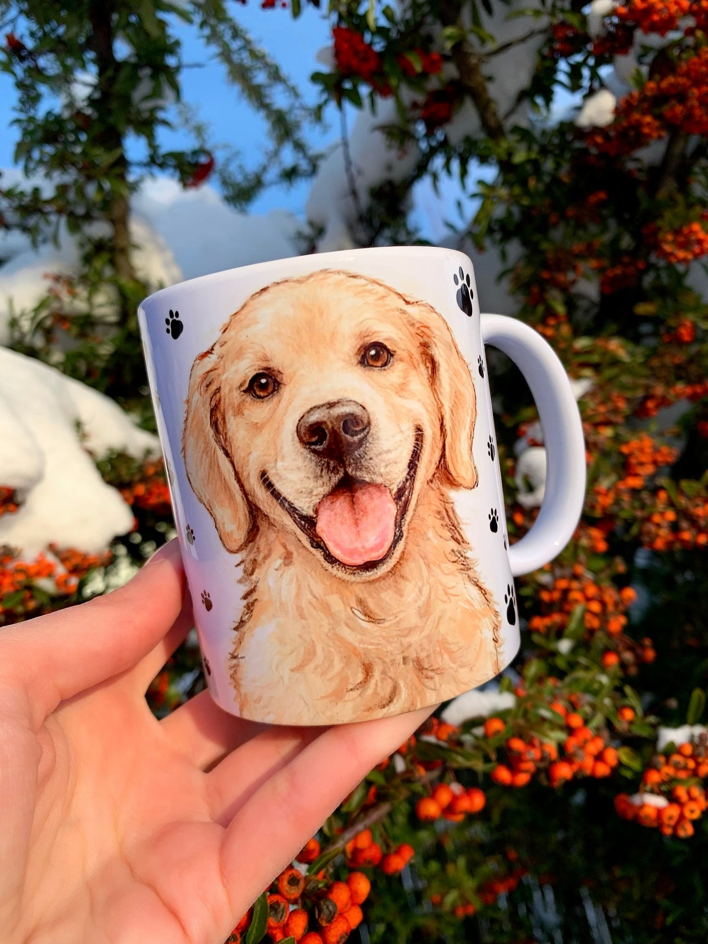 Golden retriever kutyás bögre - Kézzel festett Golden retriever kutya és mancs mintával