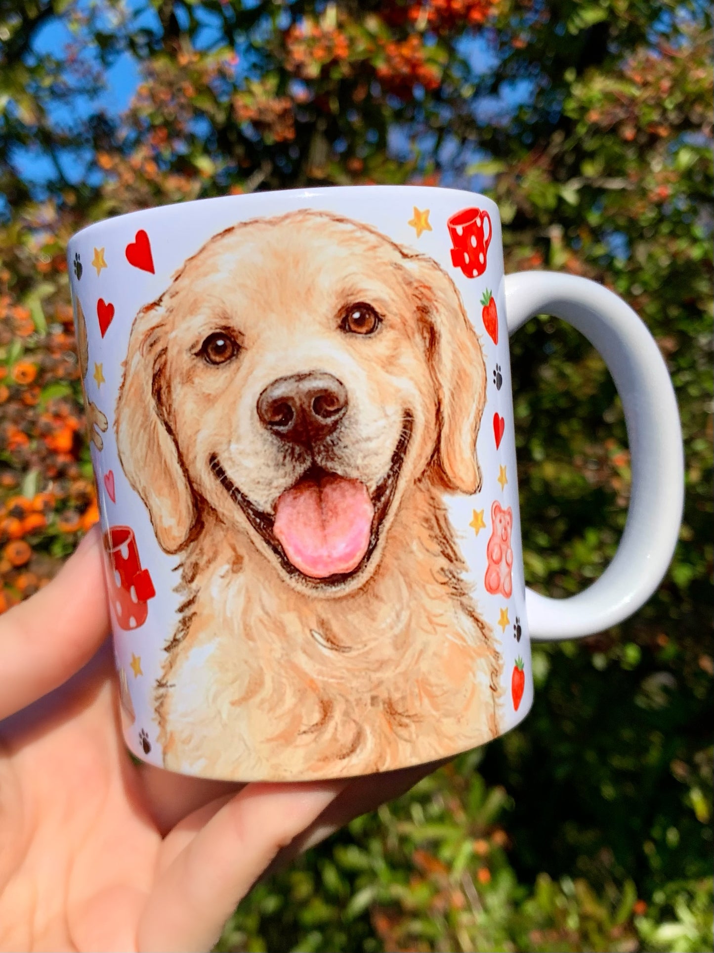 Prémium Golden retriever kutyás bögre - Kézzel festett ugró Golden retriever kutya mintákkal