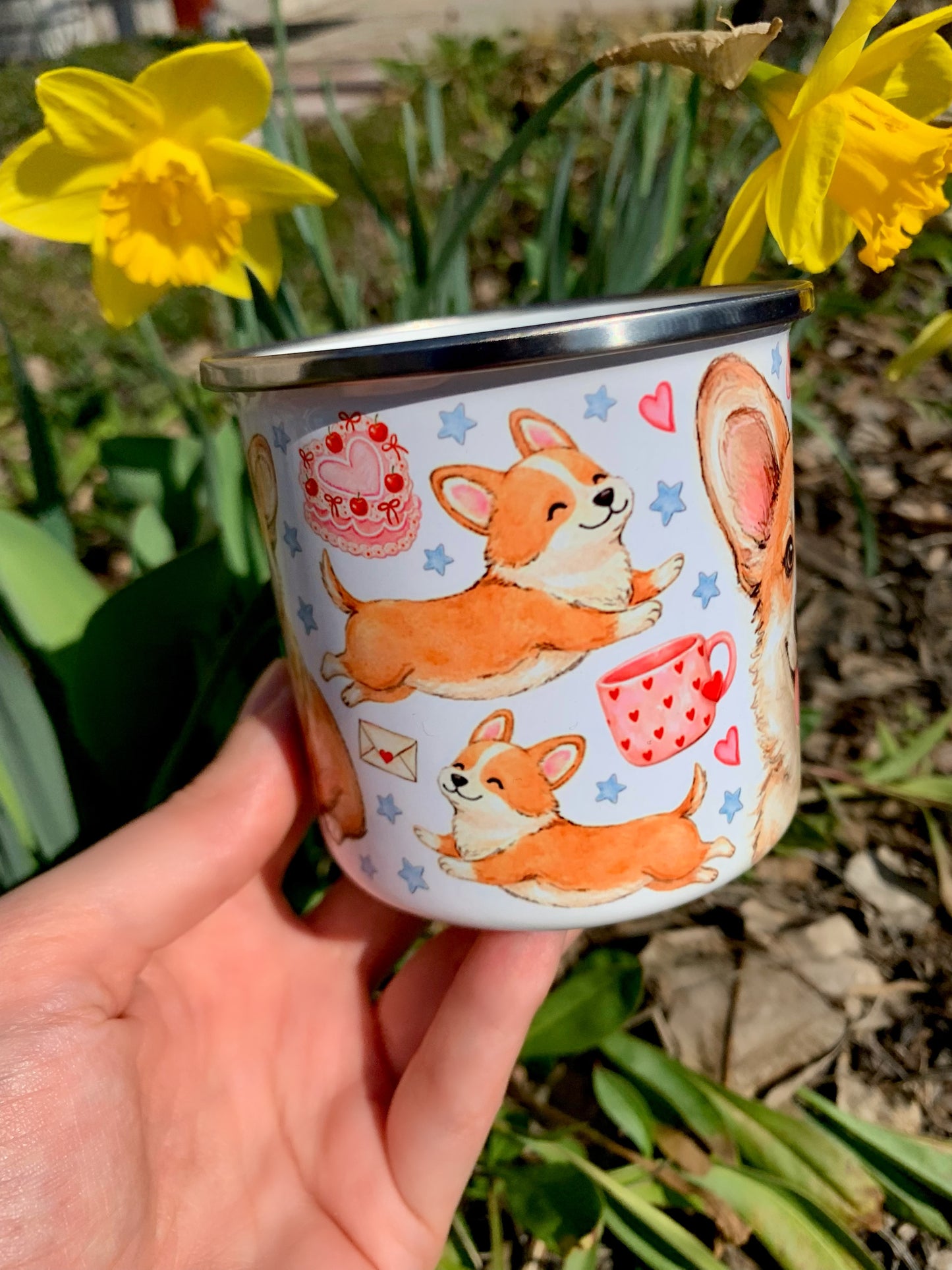 Corgi kutyás bögre - Kézzel festett ugró Corgi mintákkal