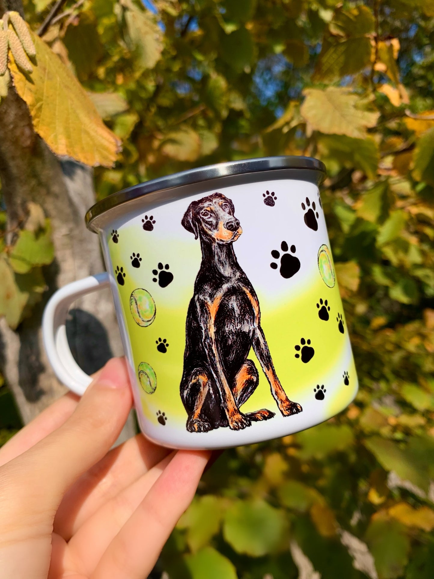 Dobermann kutya bögre - 2 féle dobermann és labdq mintával - Fém
