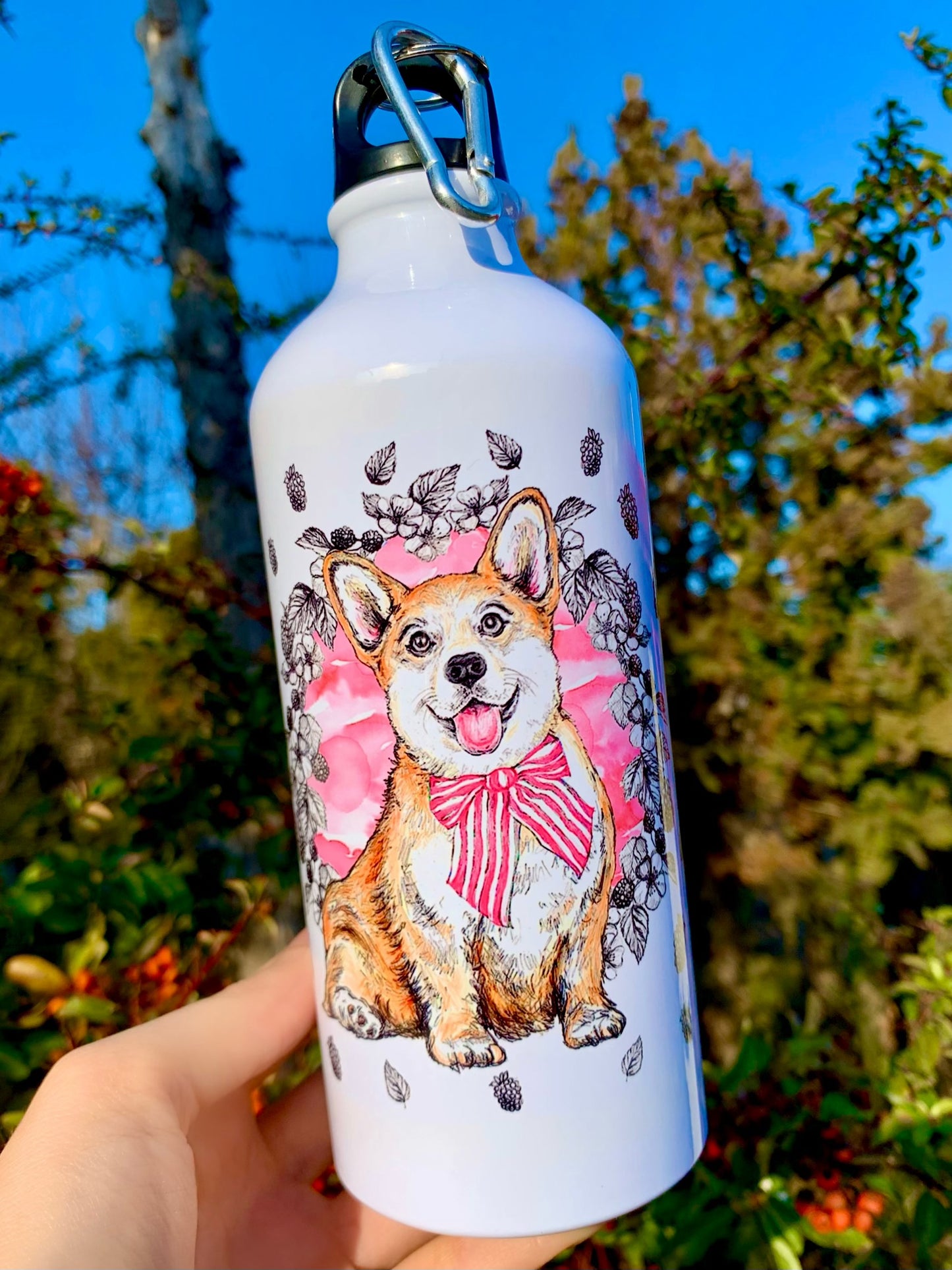 Corgi kutyás Kulacs - Kézzel festett Corgi kutya és rózsaszín virágos mintákkal