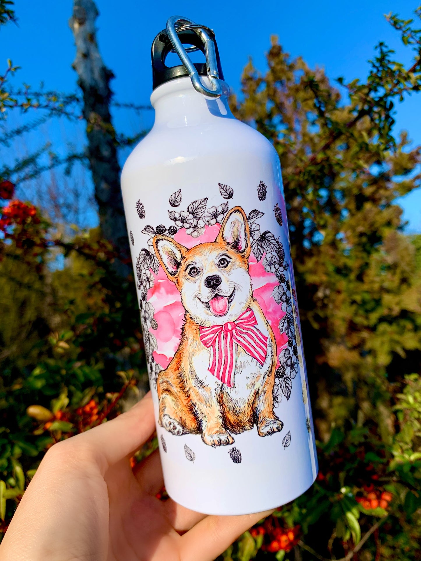 Corgi kutyás Kulacs - Kézzel festett Corgi kutya és rózsaszín virágos mintákkal