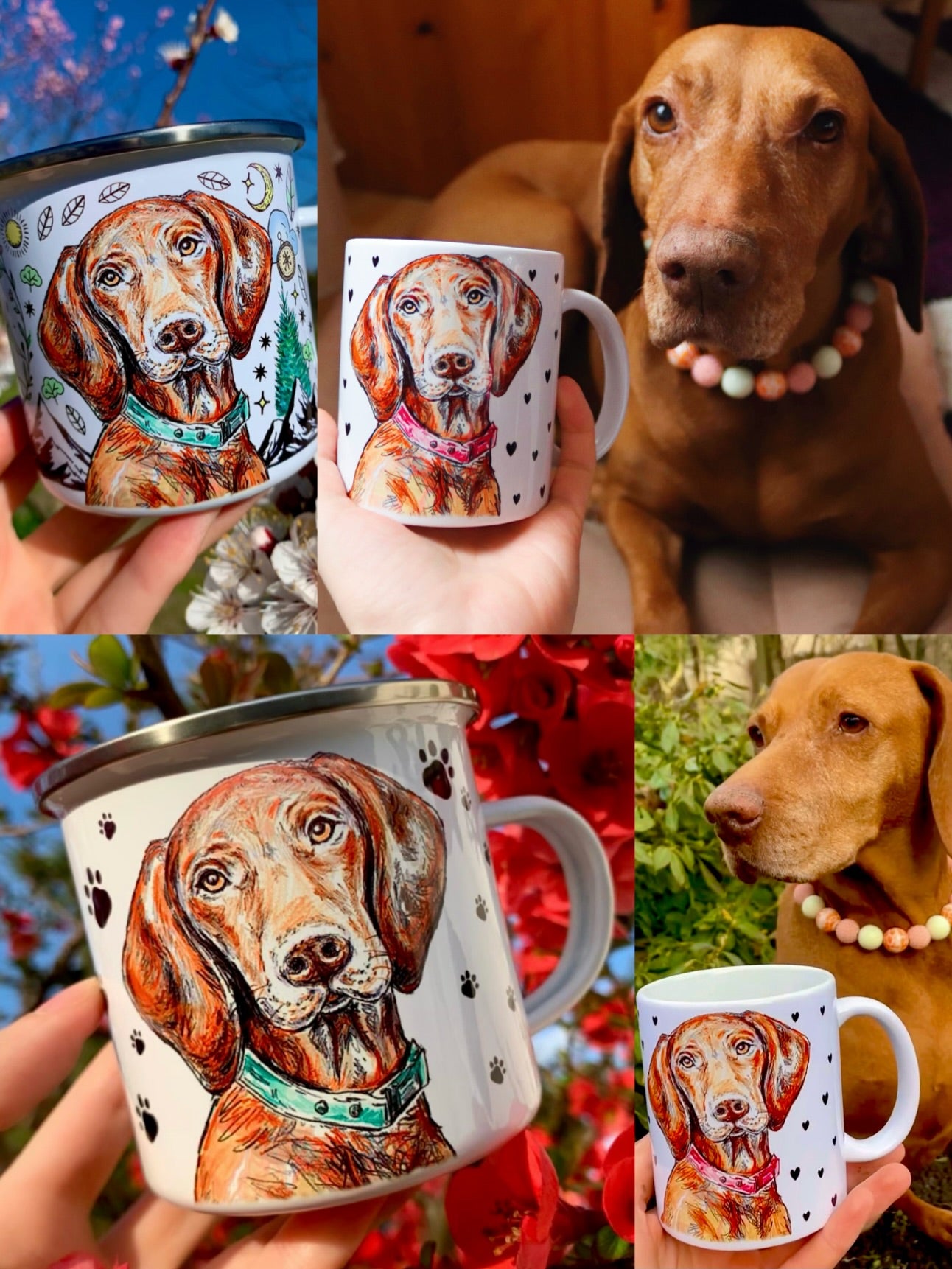 Vizslás ajándékkollekció – kézzel festett bögrék, kulacsok és vászontáskák magyar vizsla mintákkal, prémium minőségben, gazdik kedvenc választása.