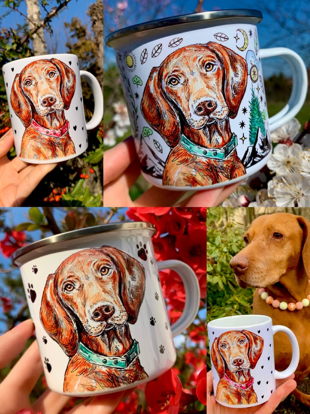 vizslás ajándék kollekció, prémium iparművészeti vizsla grafikákkal és Egyedi vizsla kutyás fém bögre, túrázós akvarell tájjal és részletes, meleg tónusú portréval.