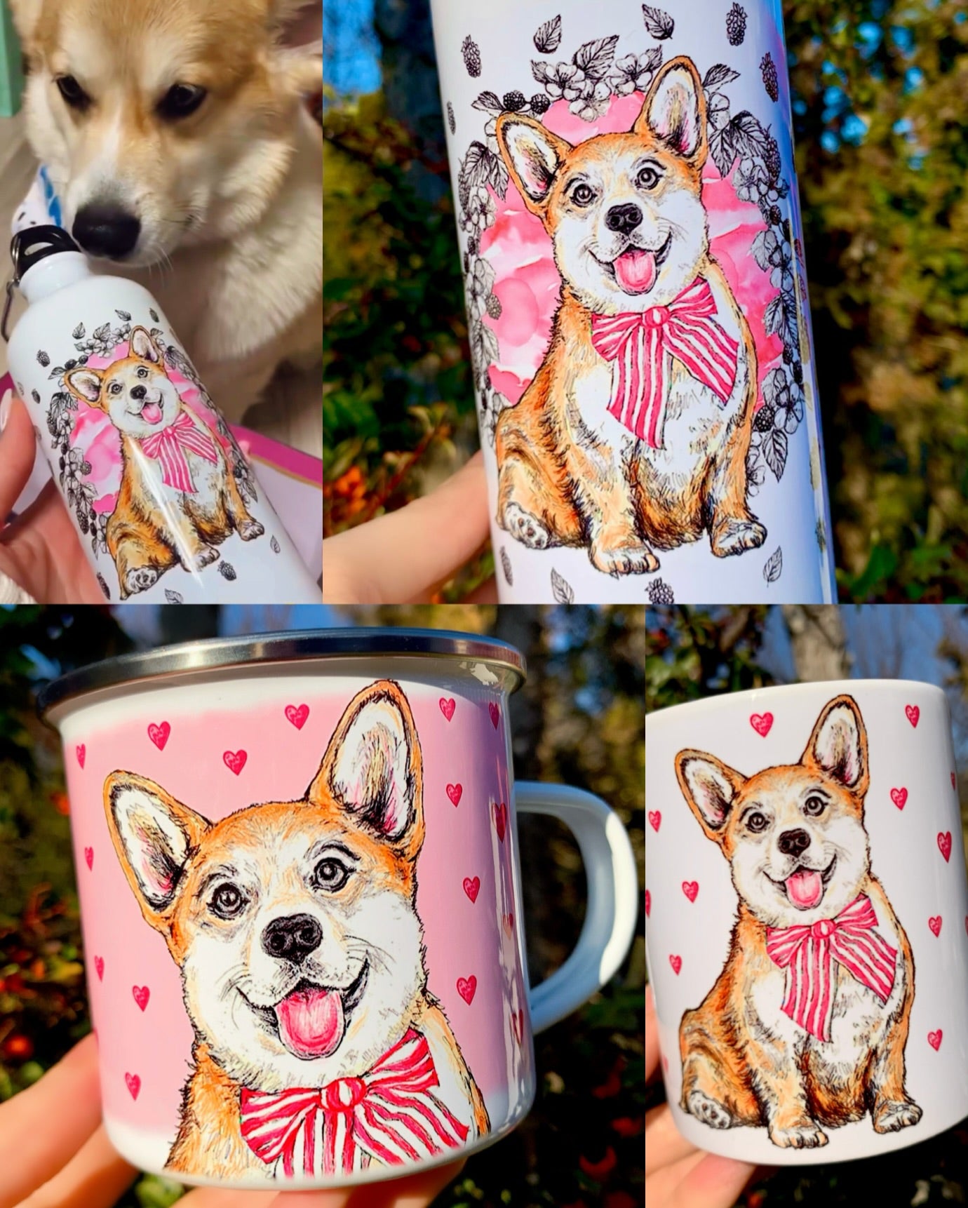 Corgi kutyás kollekció – kézzel festett mintás bögrék, kulacs és vászontáska világosbarna-fehér kutyával, virágos-gyümölcsös díszítéssel, fehér háttérrel.