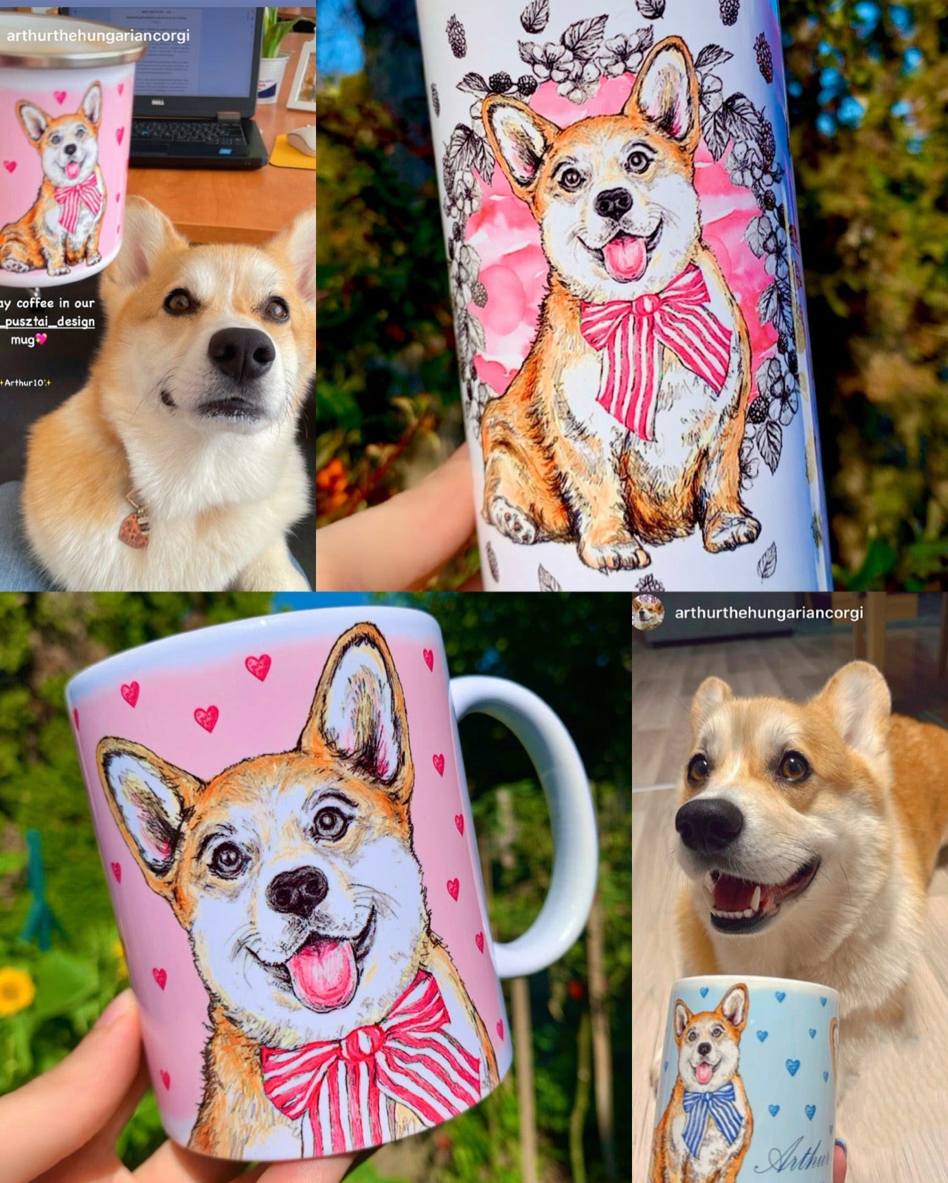 Corgi kutyás ajándékkollekció – kézzel festett mintás bögrék, kulacs és vászontáska világosbarna-fehér kutyákkal, szív mintákkal, fehér háttérrel.