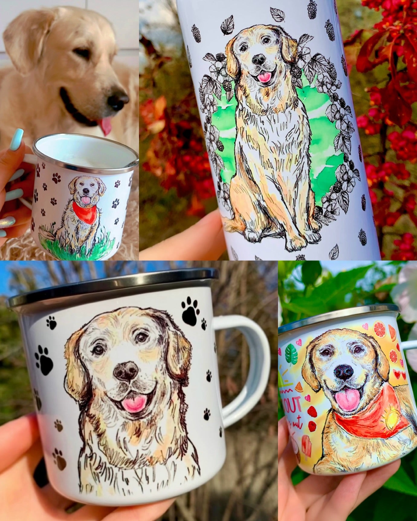 Golden retriever Kulacs - Kézzel festett Golden retriever és rózsaszín gyümölcsös mintákkal