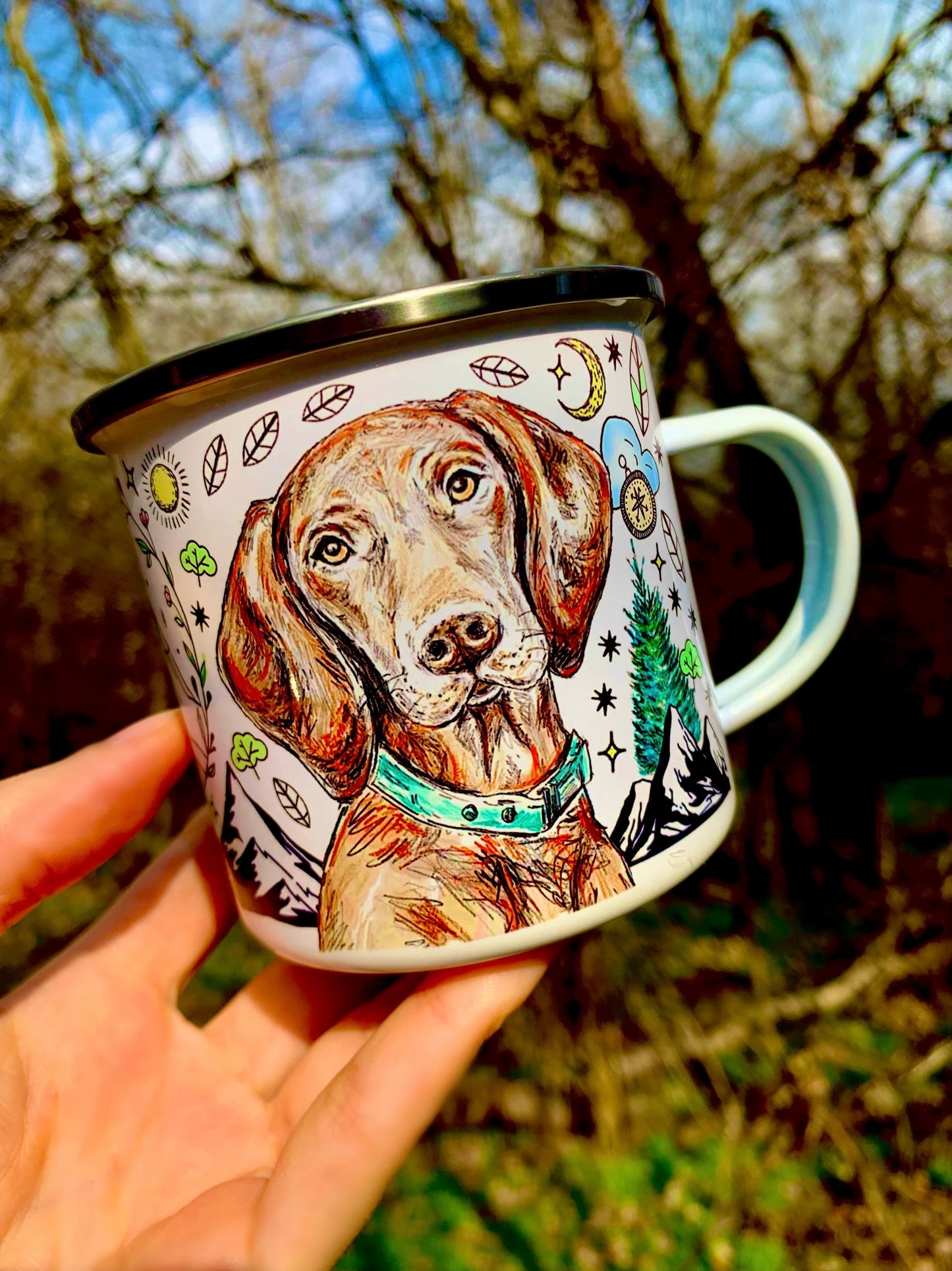 Magyar Vizsla bögre - Vizsla és kiránduló mintákkal - Fém