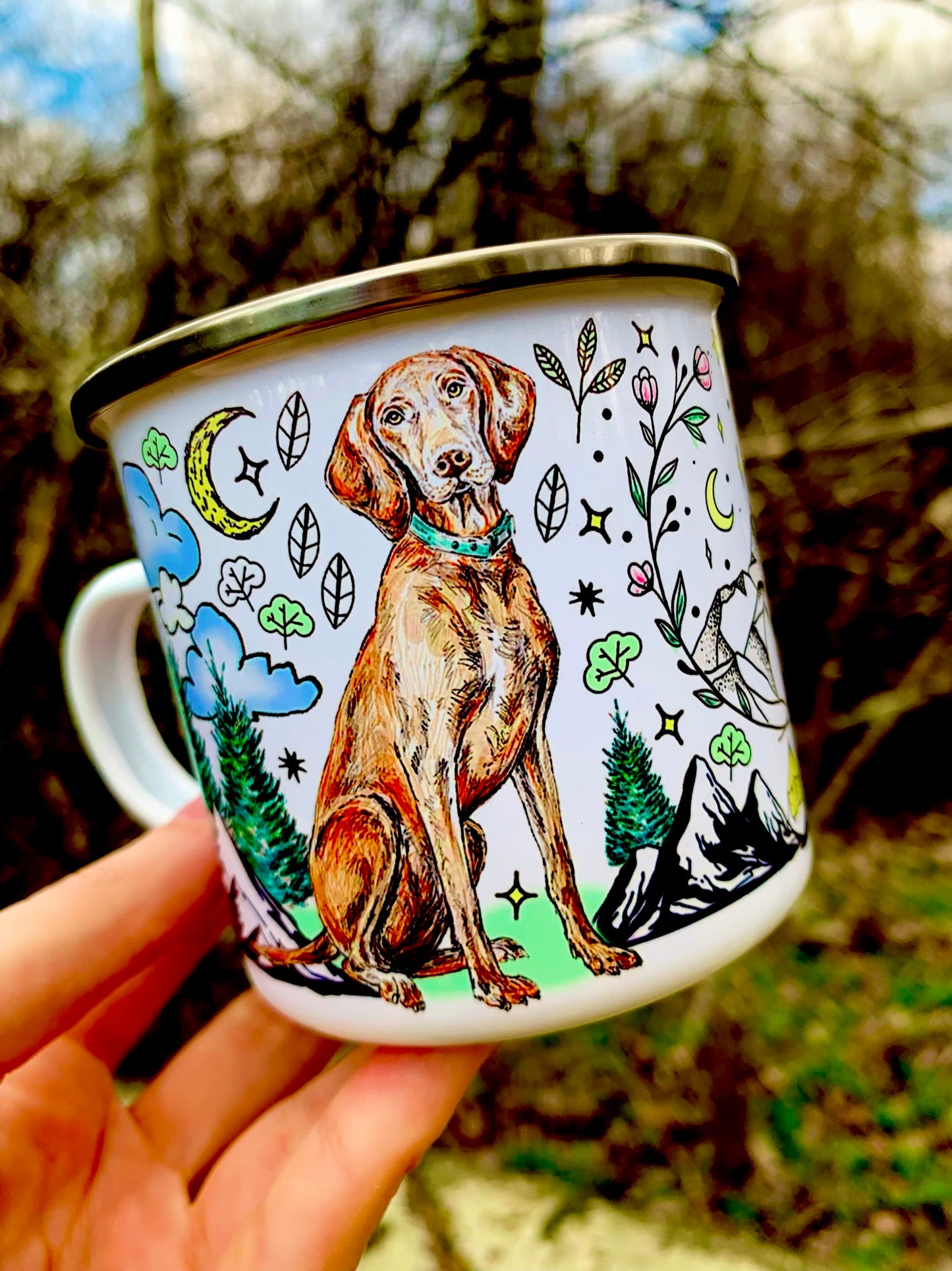 Magyar Vizsla bögre - Vizsla és kiránduló mintákkal - Fém