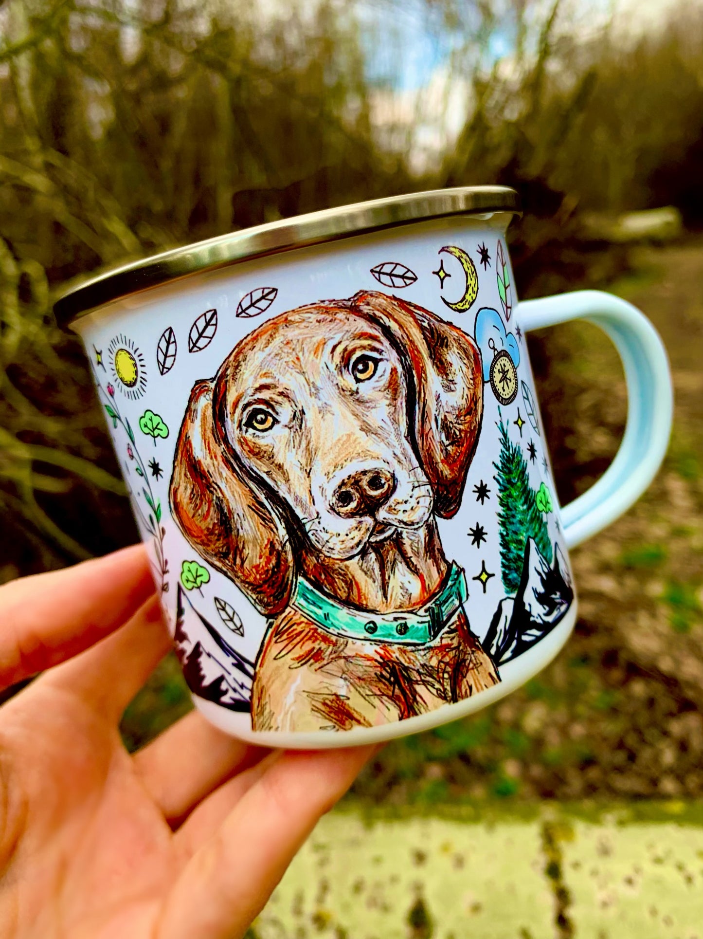 Magyar Vizsla bögre - Vizsla és kiránduló mintákkal - Fém