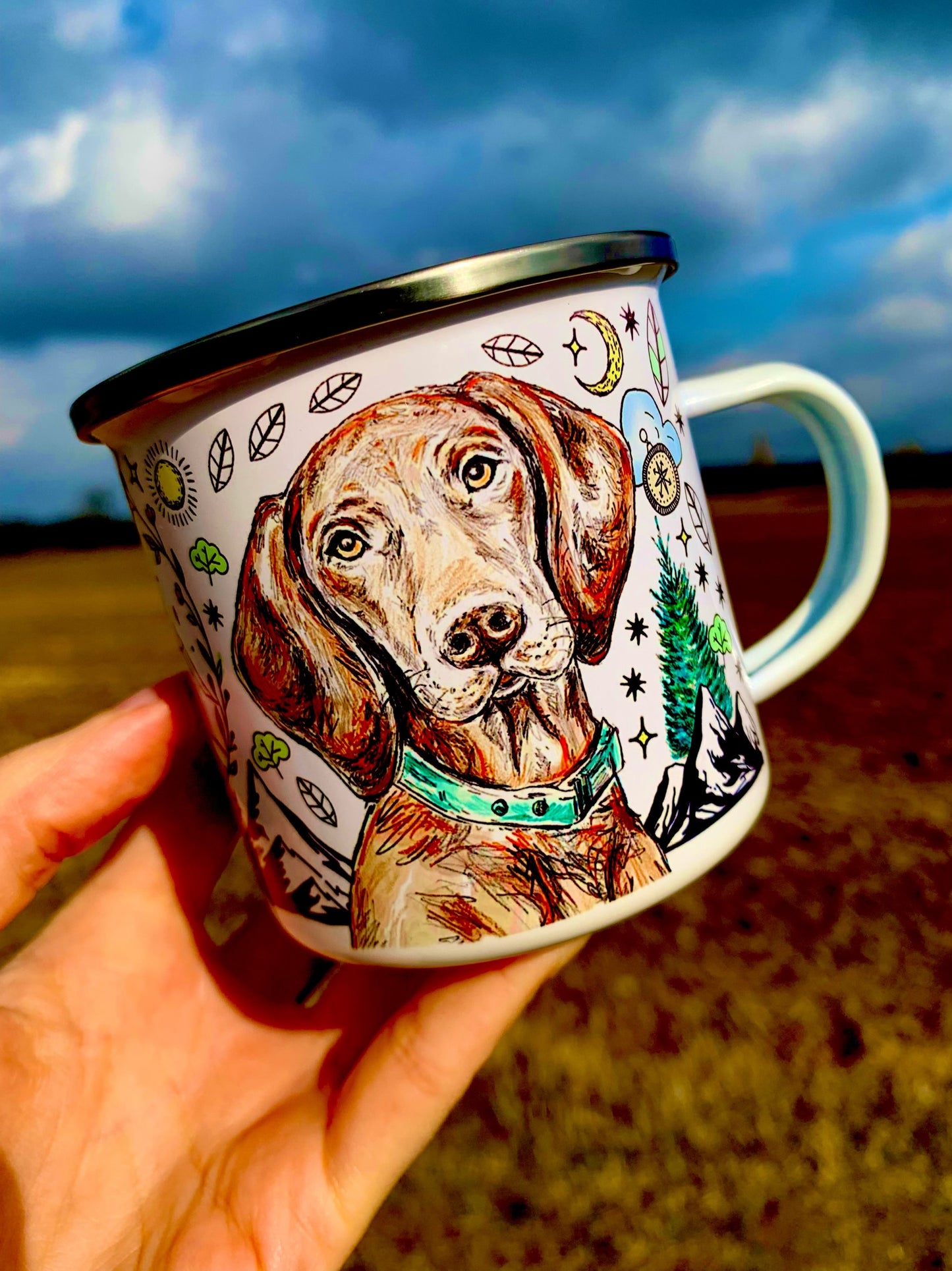 Magyar Vizsla bögre - Vizsla és kiránduló mintákkal - Fém
