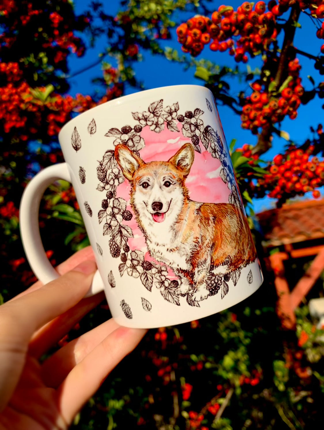 Corgi kutya bögre - Corgi kutya rajz és gyümölcsös mintával