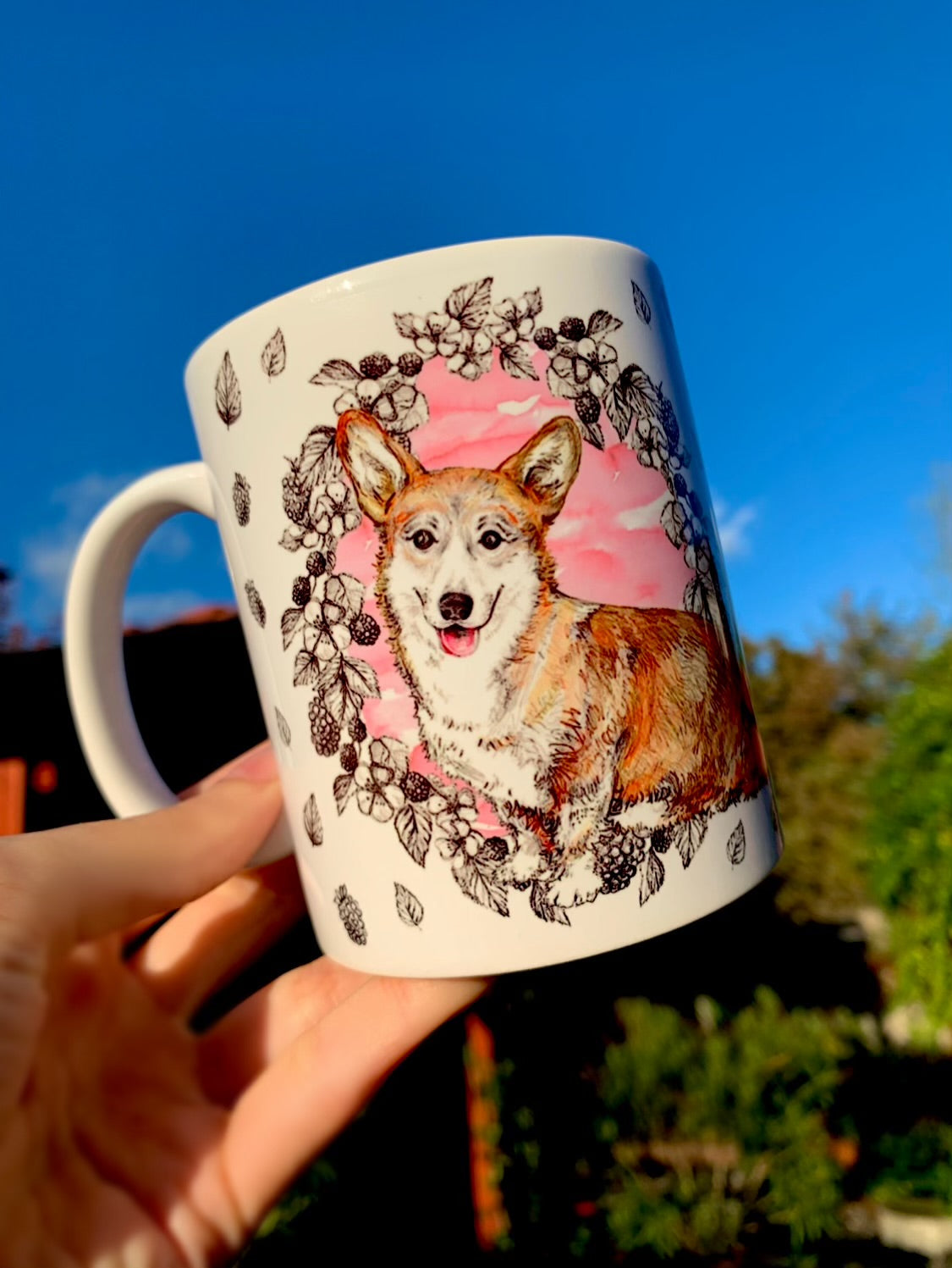 Corgi kutya bögre - Corgi kutya rajz és gyümölcsös mintával
