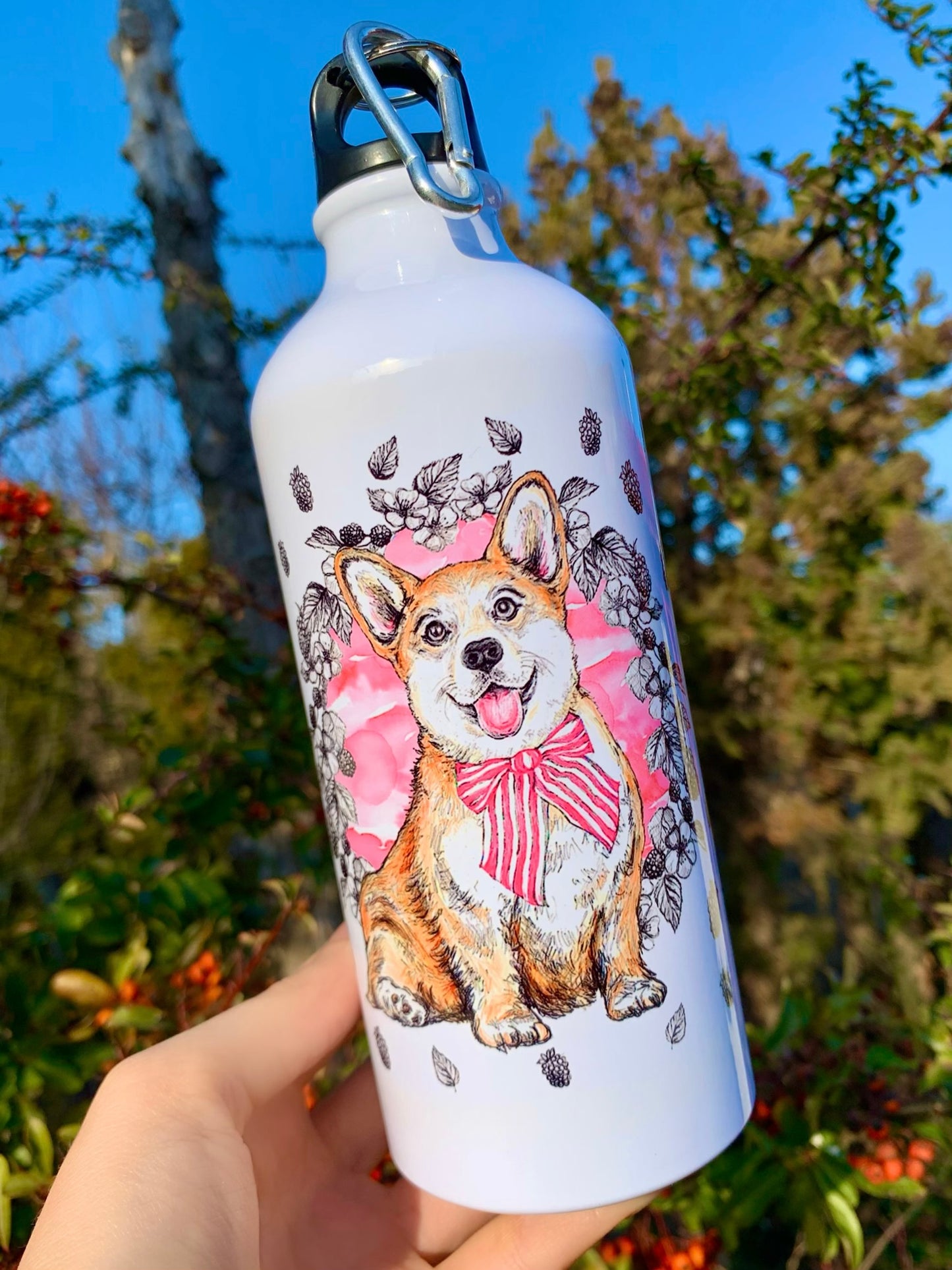 Corgi kutyás Kulacs - Kézzel festett Corgi kutya és rózsaszín virágos mintákkal