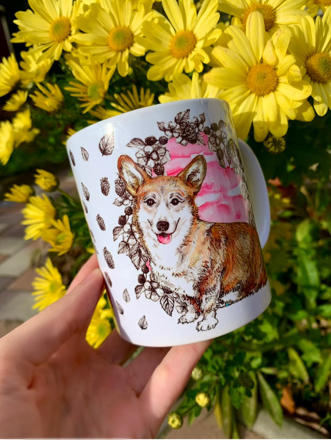 Corgi kutya bögre - Corgi kutya rajz és gyümölcsös mintával