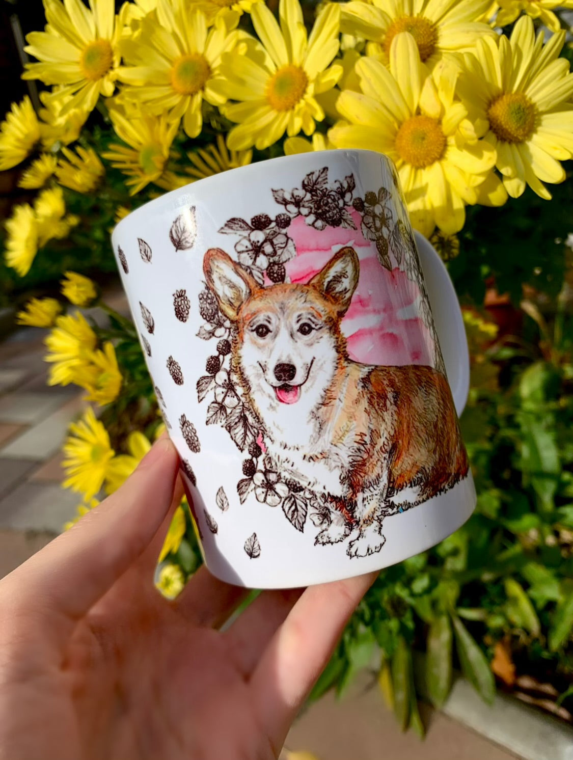 Corgi kutya bögre - Corgi kutya rajz és gyümölcsös mintával
