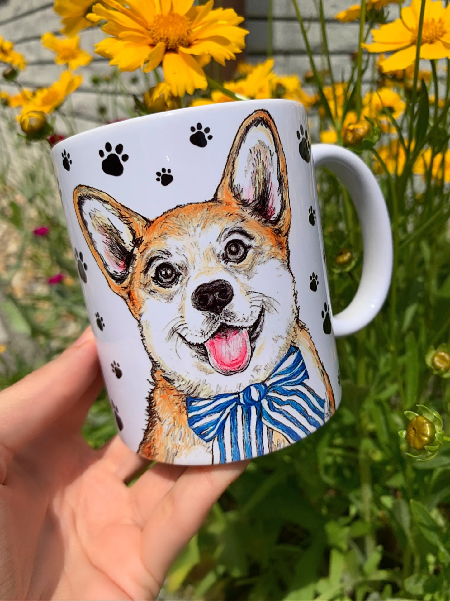 Corgi kutya bögre - Kézzel festett Corgi kutyus és mancsos mintákkal
