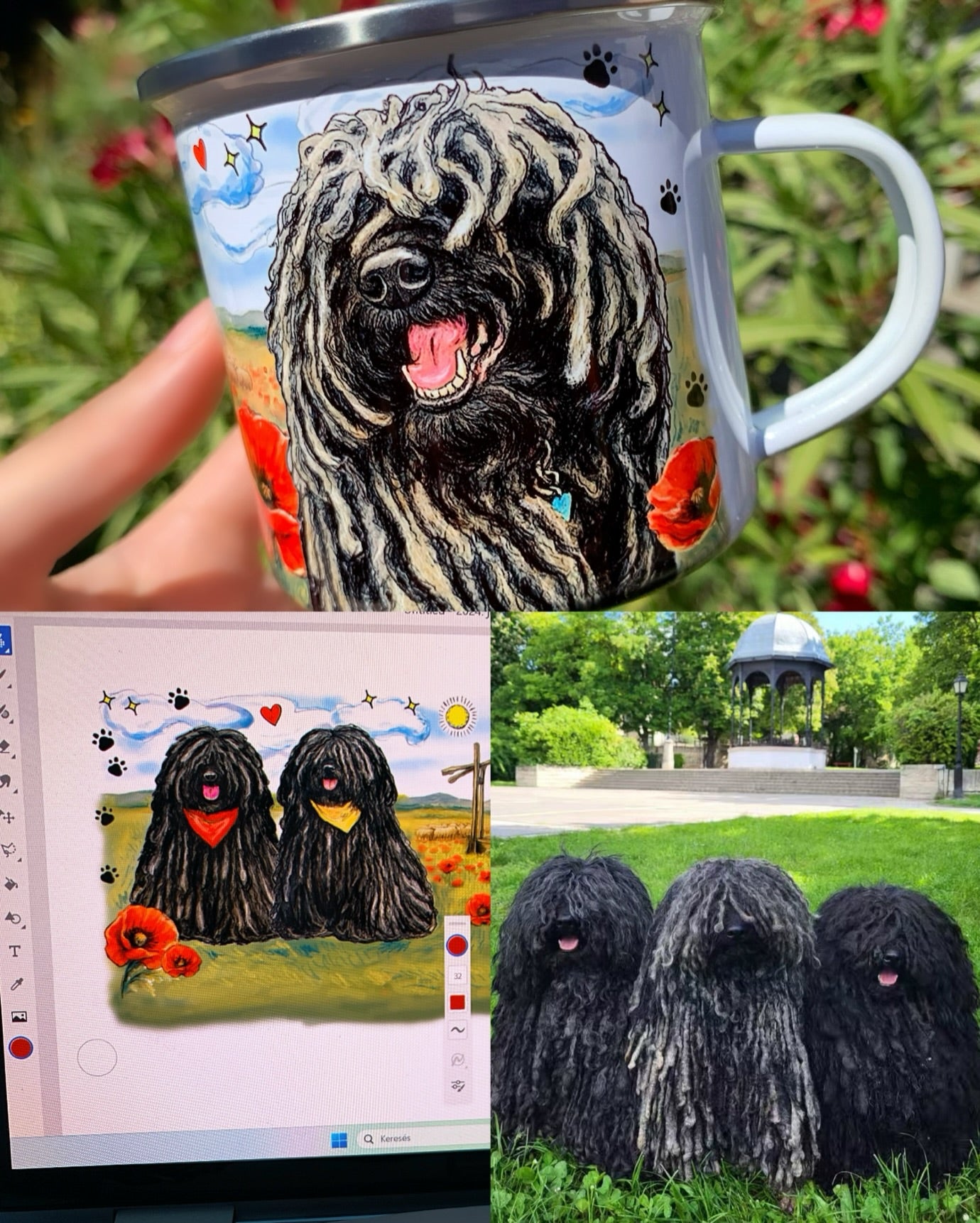 Puli mintás fém bögre – kézzel rajzolt magyar pásztorkutya grafikával