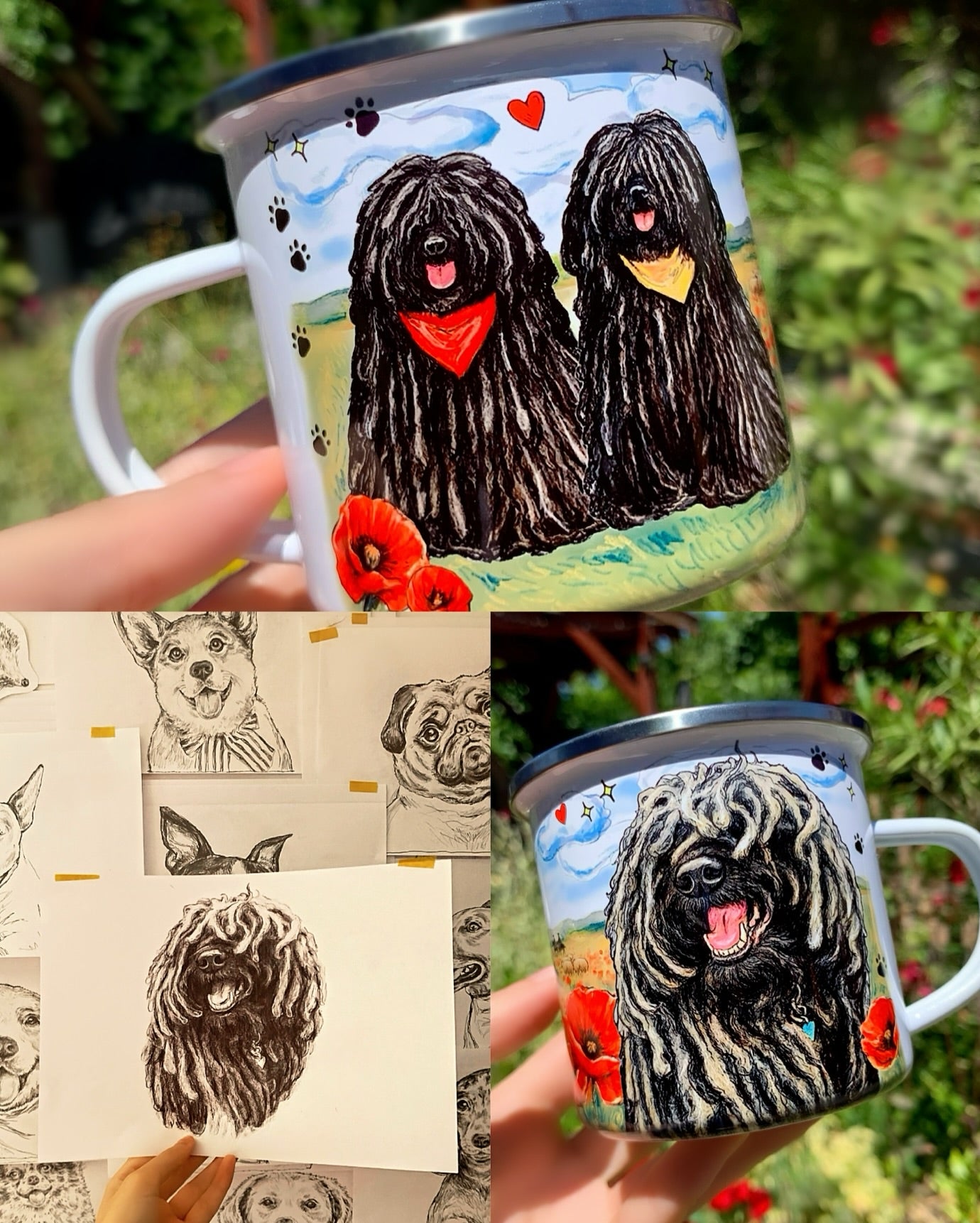 Puli mintás fém bögre – kézzel rajzolt magyar pásztorkutya grafikával