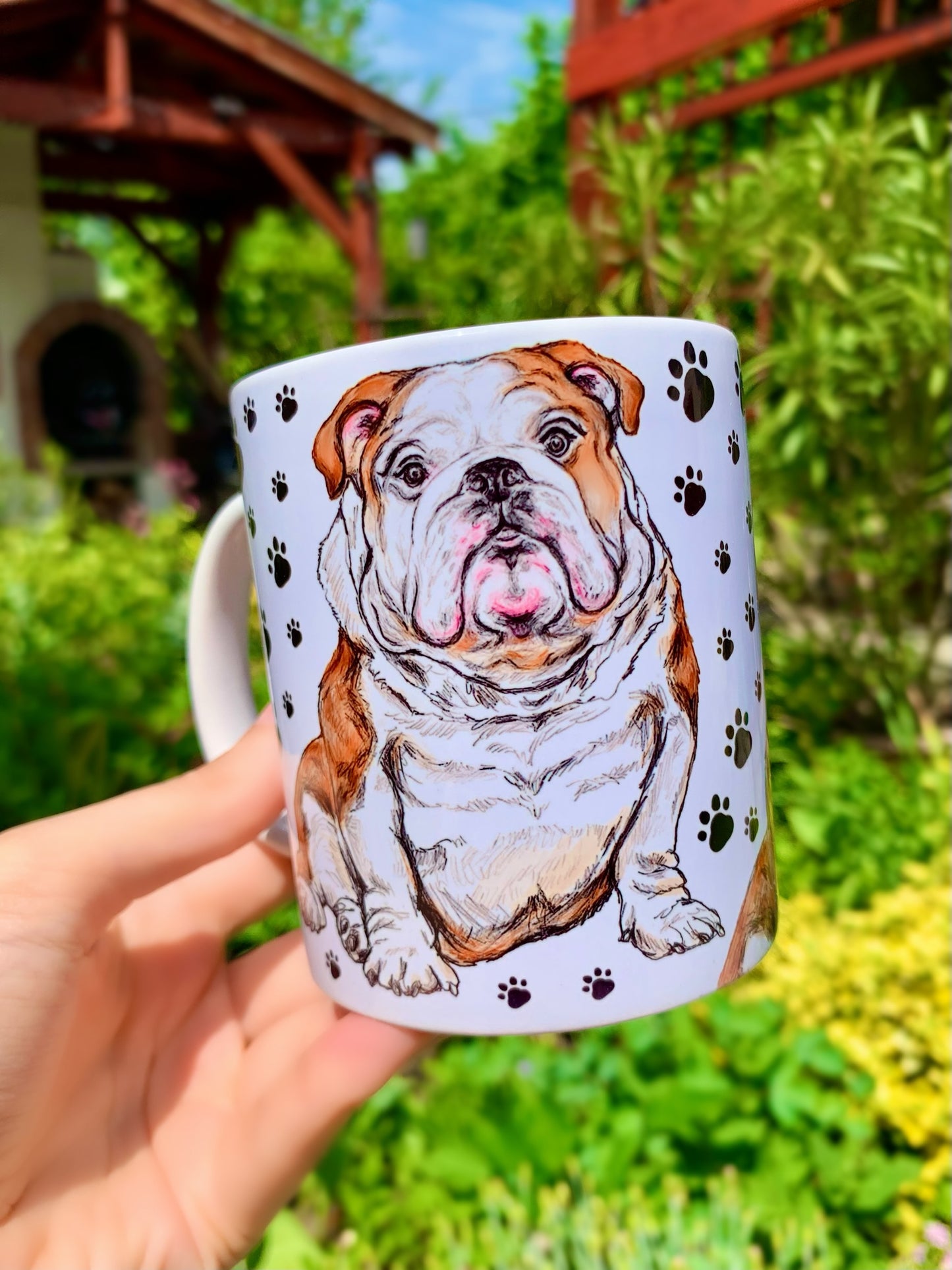 Kerámia bögre ülő angol bulldog kézzel rajzolt grafikával