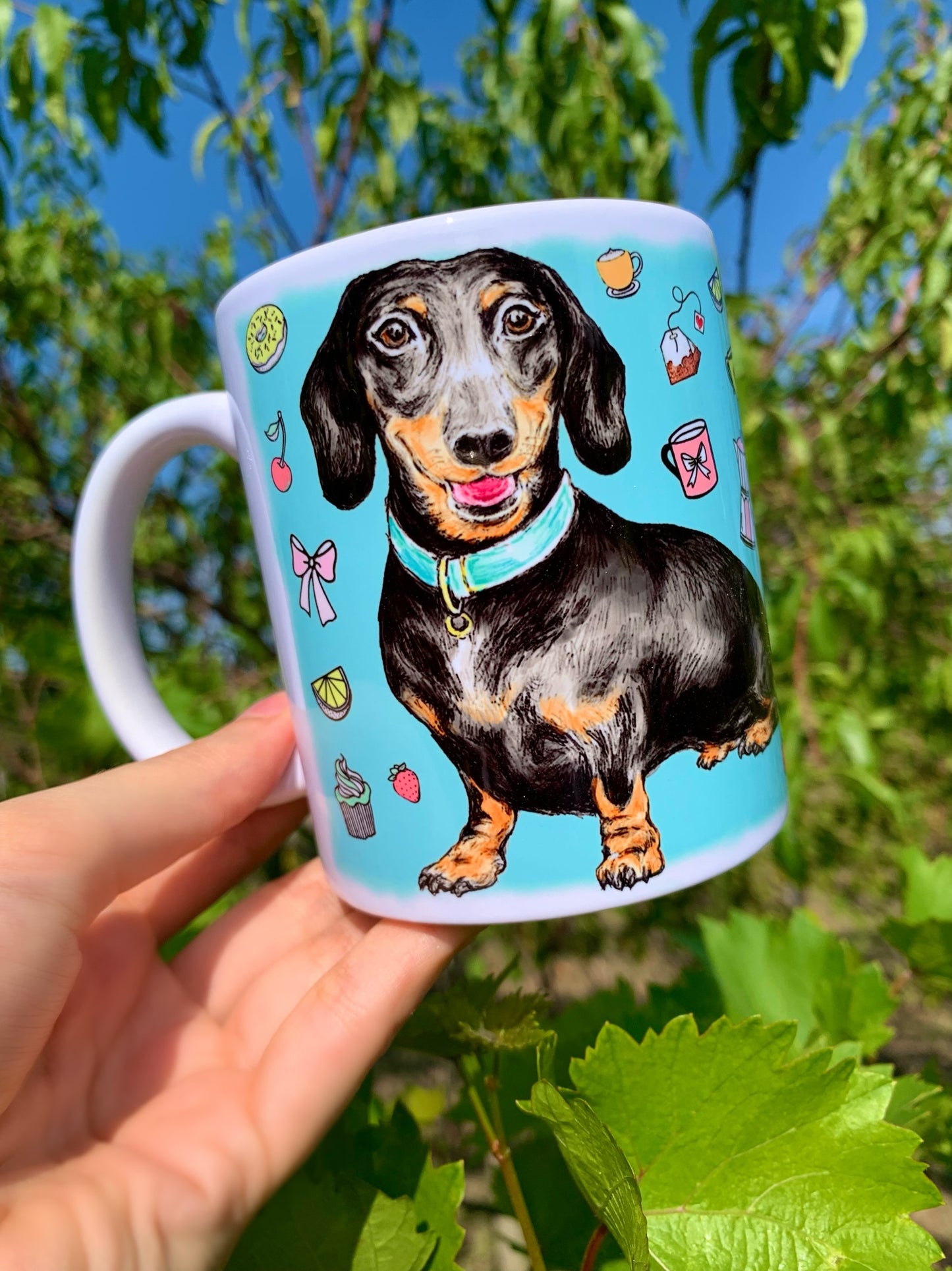Black and Tan Dachshund mug - Cser Tacskó bögre - 2 Álló tacskó mintával - Kék -Kerámia