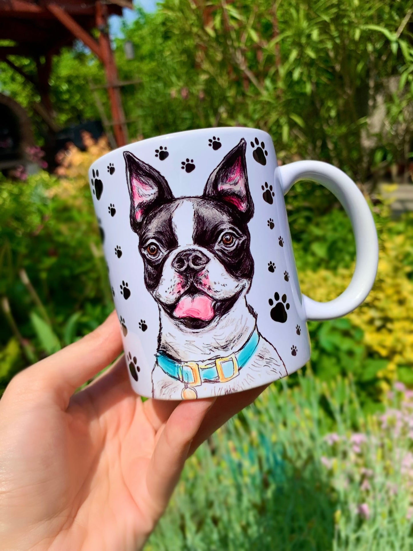 Kézzel rajzolt Boston terrier kutyás kerámia bögre kék nyakörves kutyával