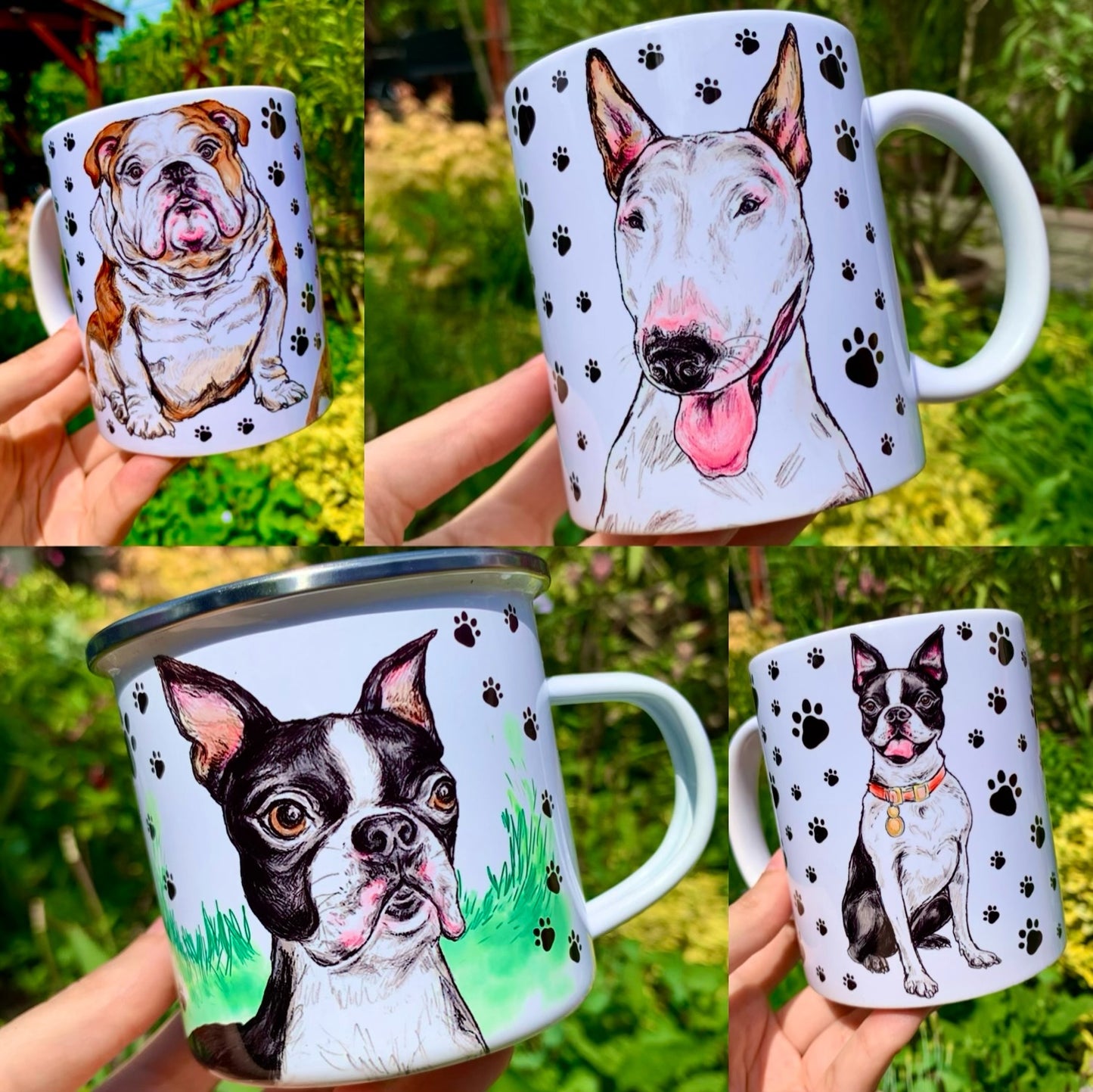 Kézzel festett Boston terrier kulacs ülő mintával és mancsos háttérrel - Nyomott orrú kutyafajás kollekciónk