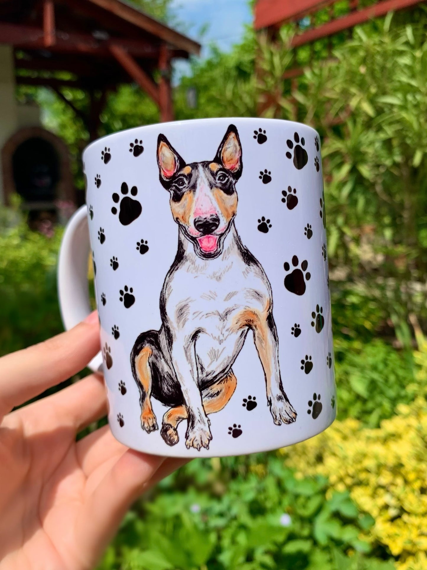 Prémium kerámia bögre foltos Bullterrier mintával és apró mancsnyomokkal