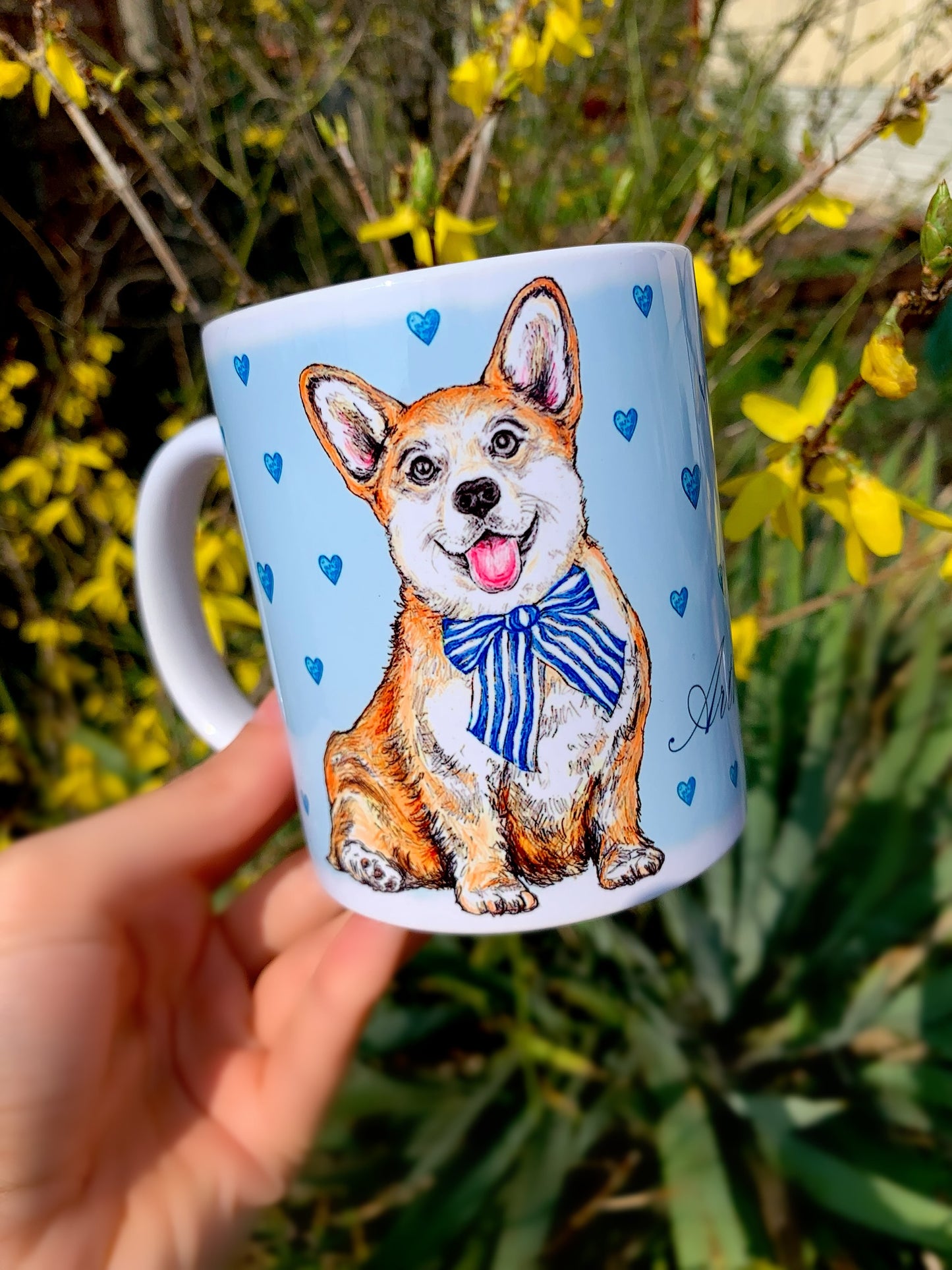 Corgi kutya bögre - 2 féle Corgi kutya és kék szív mintákkal