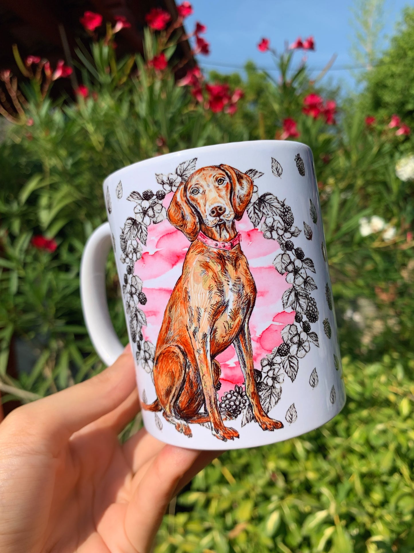Vizsla kutya bögre - Magyar vizsla kutya rajz & Rózsaszín gyümölcsös mintával