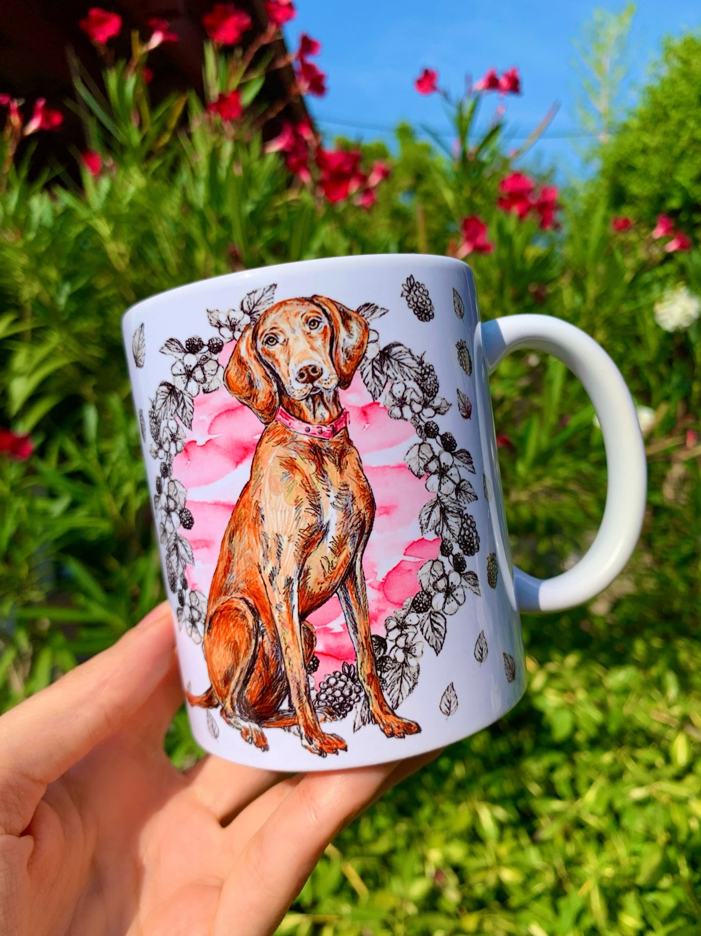 Vizsla kutya bögre - Magyar vizsla kutya rajz & Rózsaszín gyümölcsös mintával