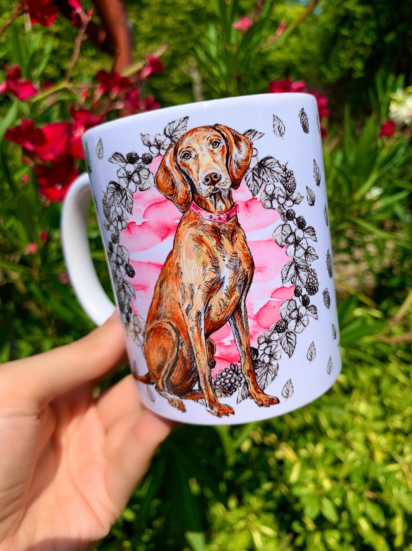 Vizsla kutya bögre - Magyar vizsla kutya rajz & Rózsaszín gyümölcsös mintával