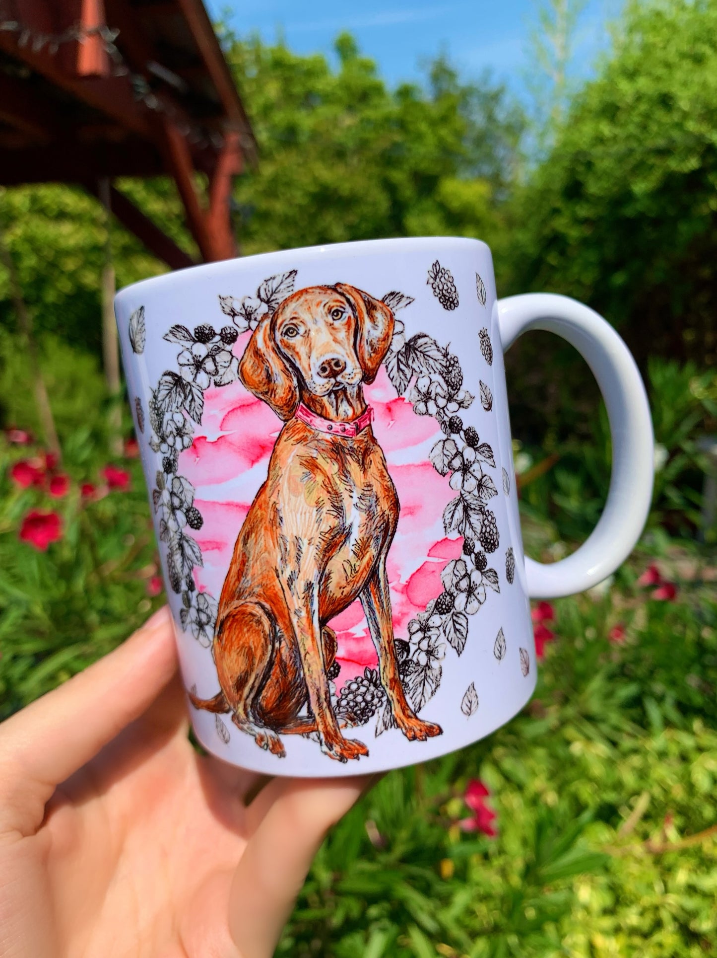 Vizsla kutya bögre - Magyar vizsla kutya rajz & Rózsaszín gyümölcsös mintával