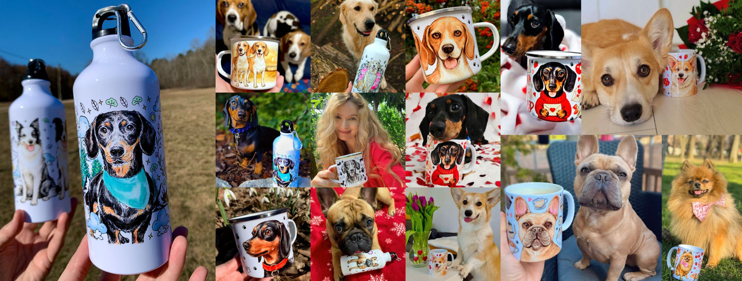 Prémium kutyás ajándékok gazdiknak, Pusztai Judit iparművésztől. Kézzel festett tacskós bögre, Corgi bögre, Francia bulldog bögre és sok más kutya mintás bögre prémium kézzel rajzolt grafikával – egyedi kutyás ajándéktárgyak kollekciófotó