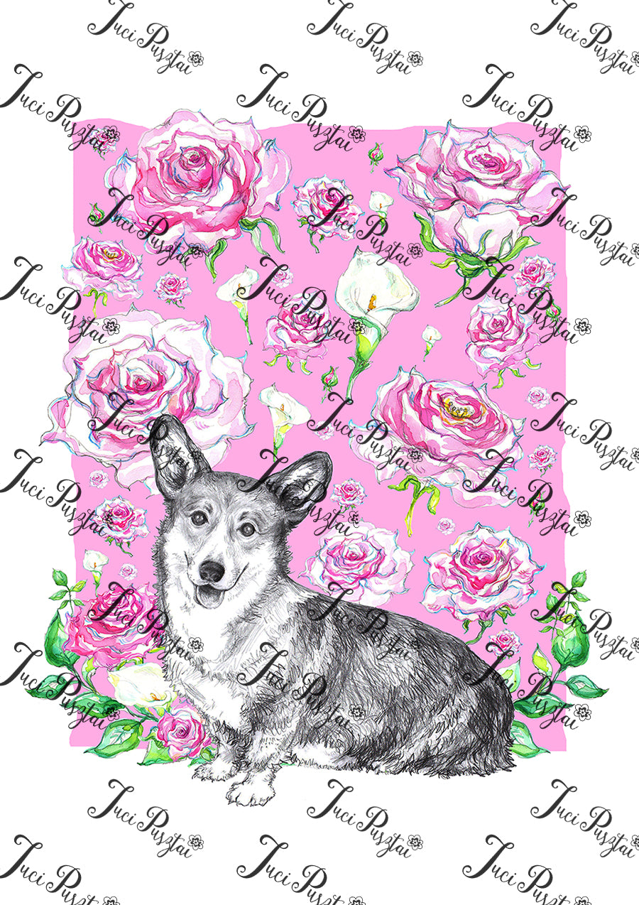 Corgi kutya mintás print, rózsaszín háttérrel és rózsákkal.