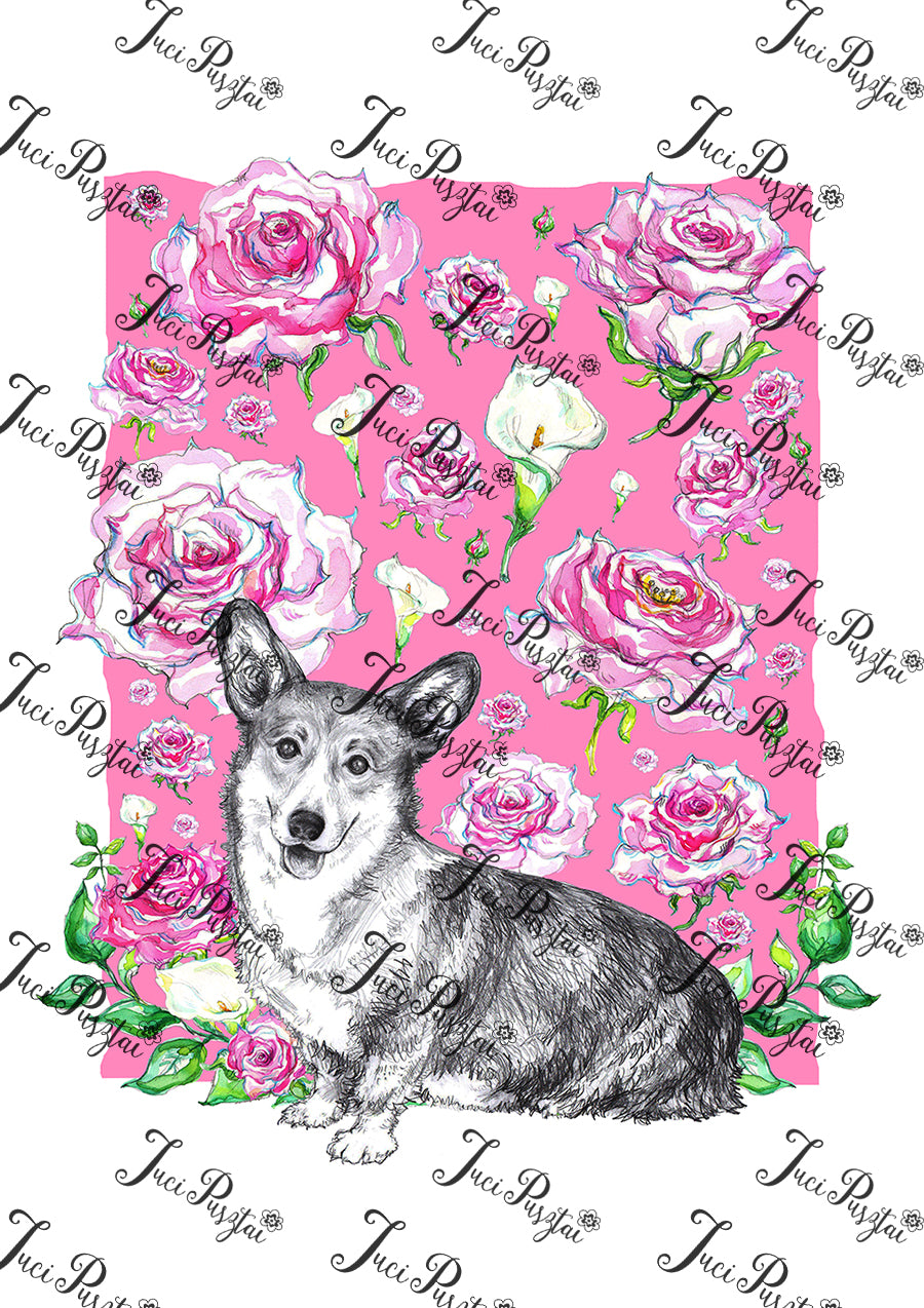 Corgi kutya mintás print, rózsaszín háttérrel és rózsákkal.