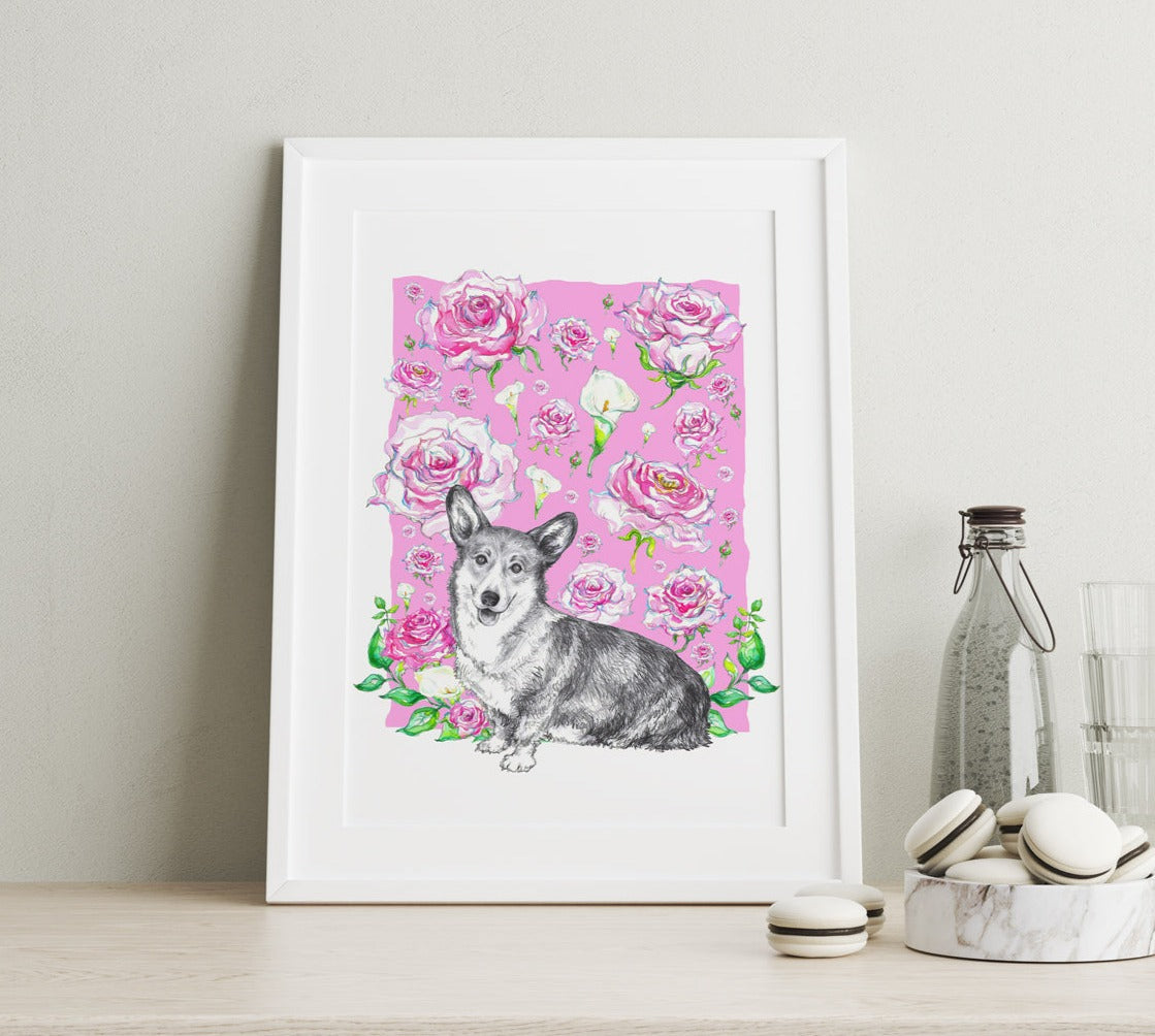 Corgi kutya mintás print, rózsaszín háttérrel és rózsákkal.