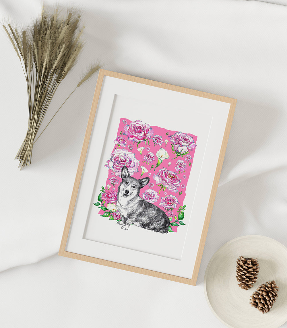 Corgi kutya mintás print, rózsaszín háttérrel és rózsákkal.
