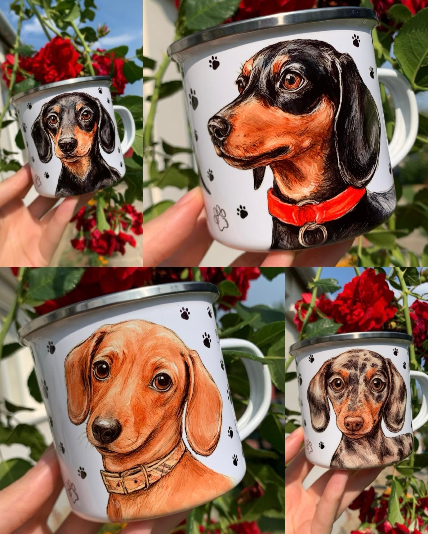 Merle tacskó mintás kézműves fém bögre, fehér alapon, kézzel rajzolt mancsnyom mintával és egyedi akvarell hatású tacskó grafikával. Különleges választás gazdiknak.