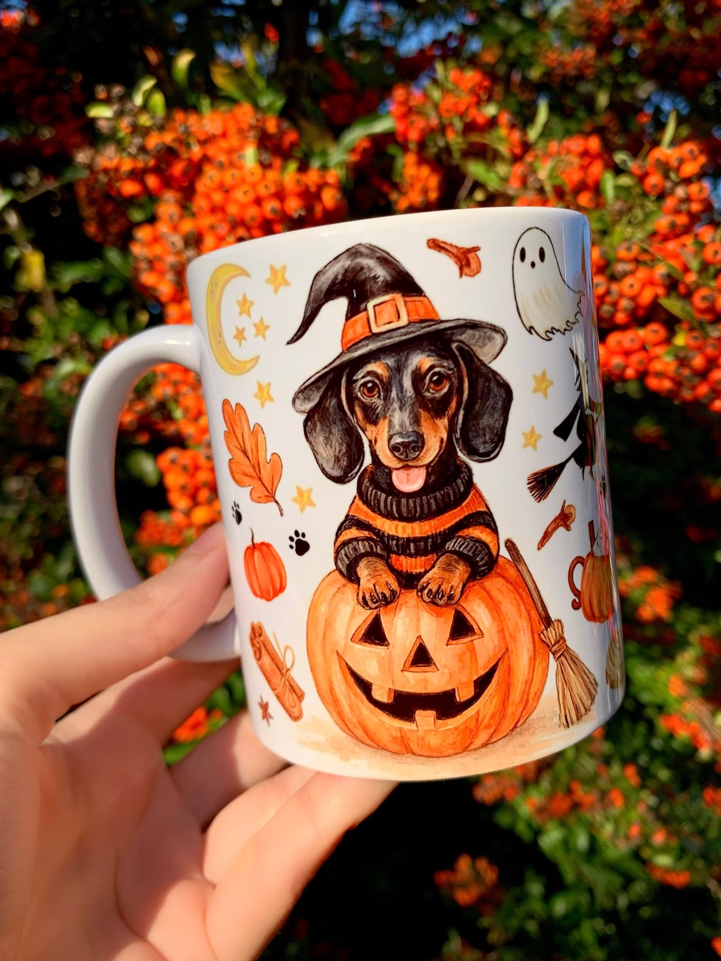 Halloween Tacskós bögre - Kézzel festett Cser Tacskó Halloweeni szellem tök boszi mintával