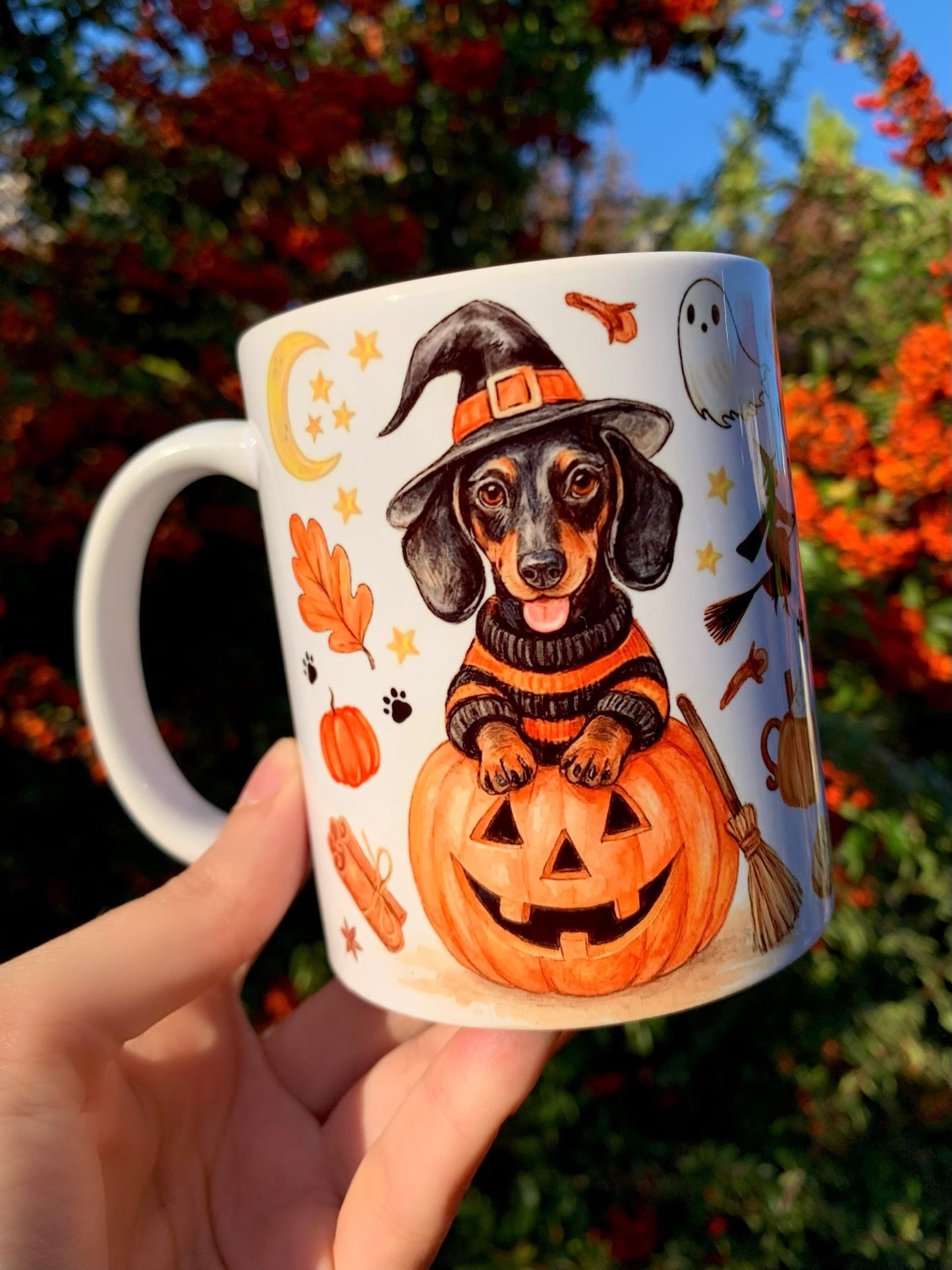 Halloween Tacskós bögre - Kézzel festett Cser Tacskó Halloweeni szellem tök boszi mintával