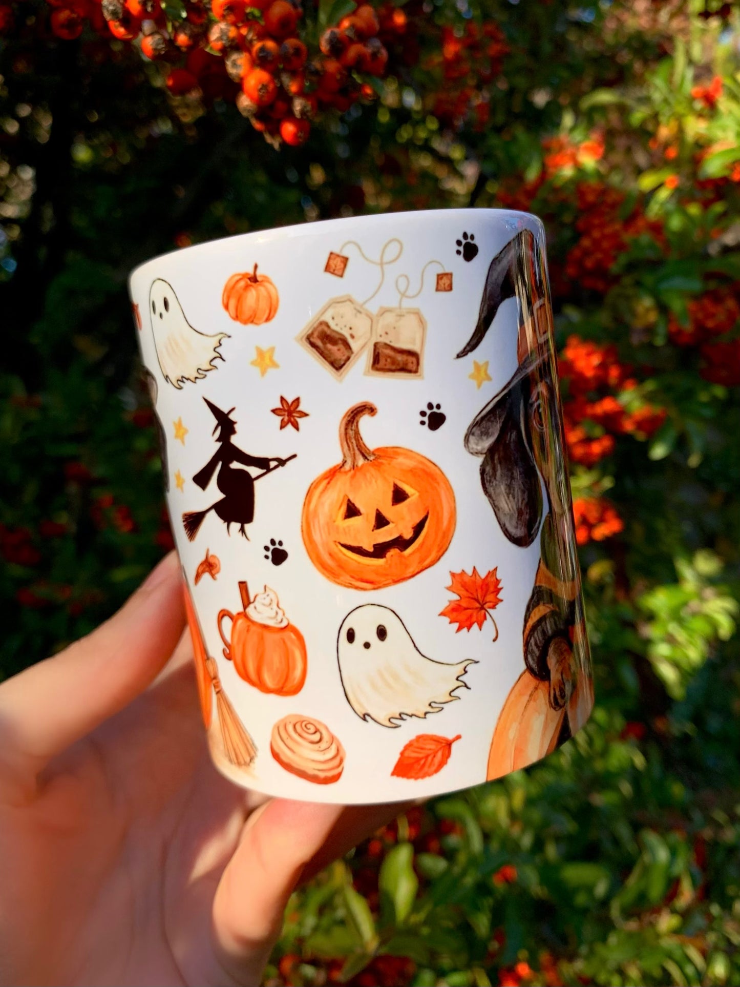 Halloween Tacskós bögre - Kézzel festett Cser Tacskó Halloweeni szellem tök boszi mintával