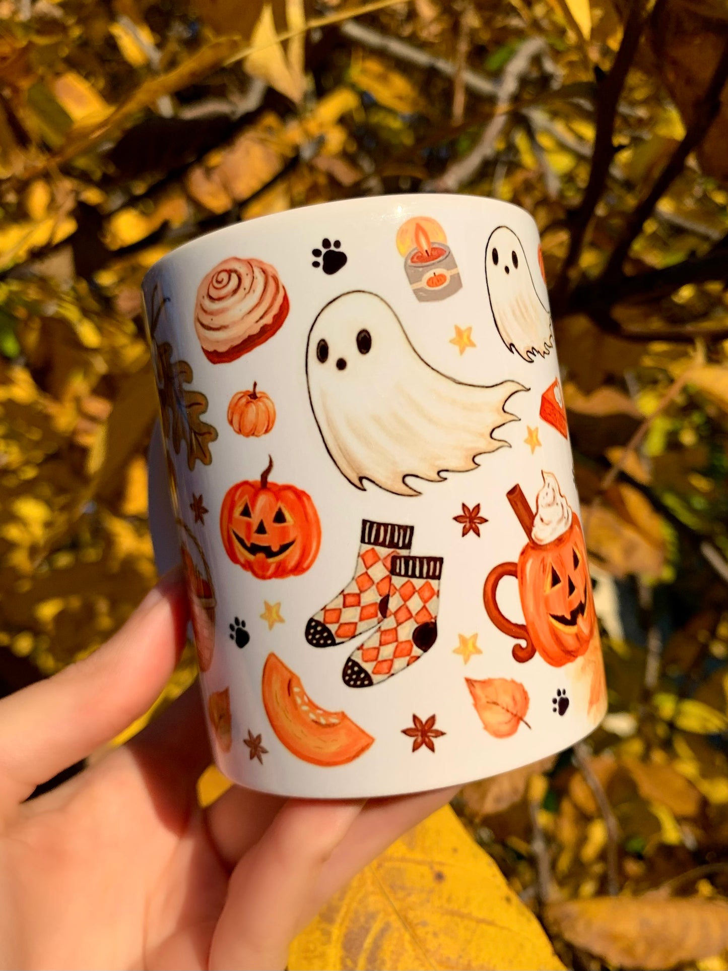 Halloween Tacskós bögre - Kézzel festett Tacskó Halloweeni Pumpkin és őszi szellemes leveles mintával