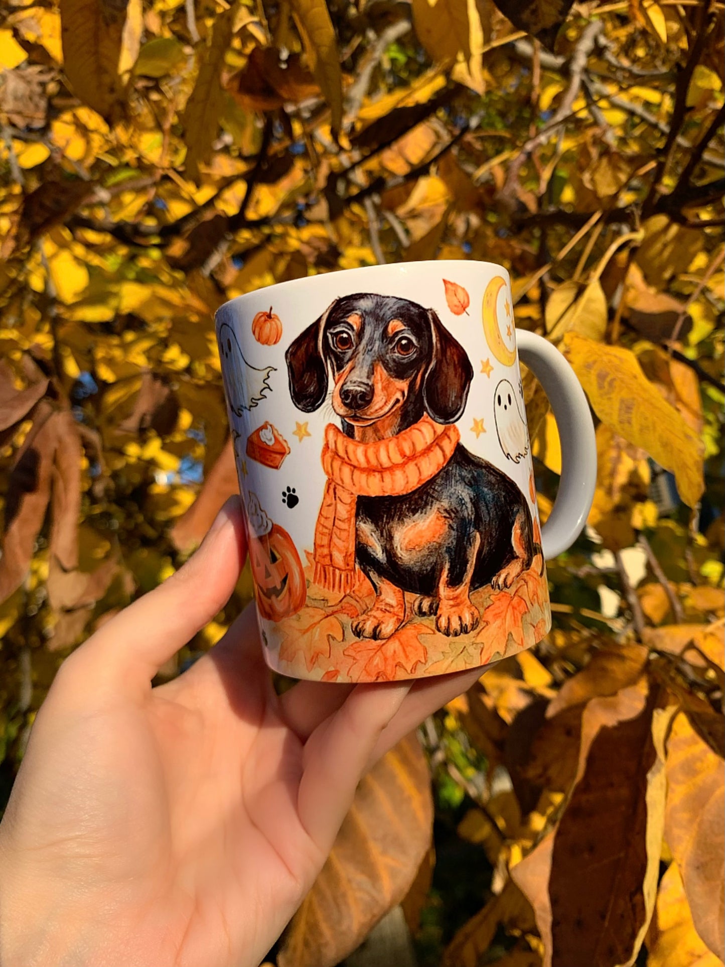 Halloween Tacskós bögre - Kézzel festett Tacskó Halloweeni Pumpkin és őszi szellemes leveles mintával