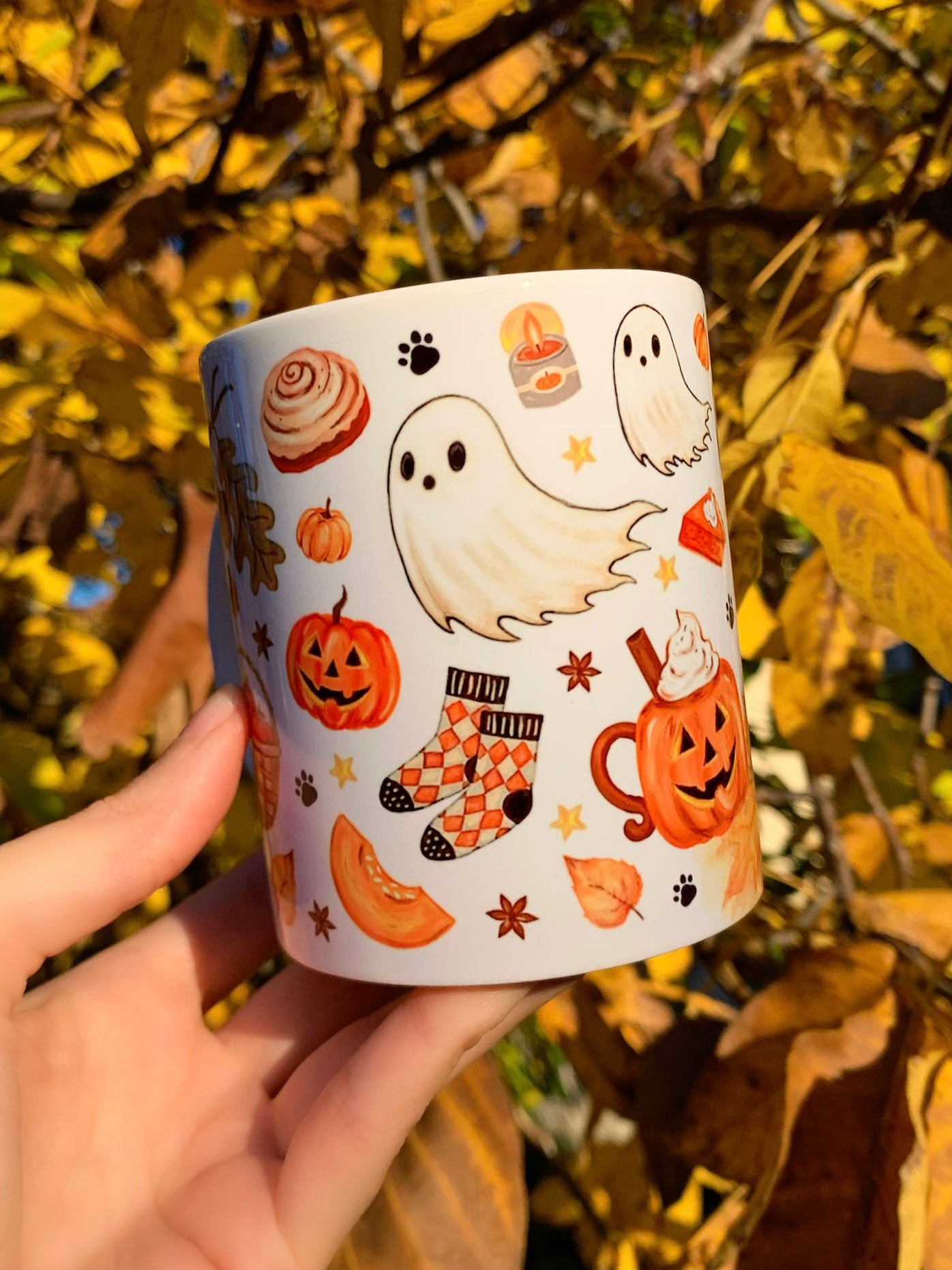 Halloween Tacskós bögre - Kézzel festett Tacskó Halloweeni Pumpkin és őszi szellemes leveles mintával